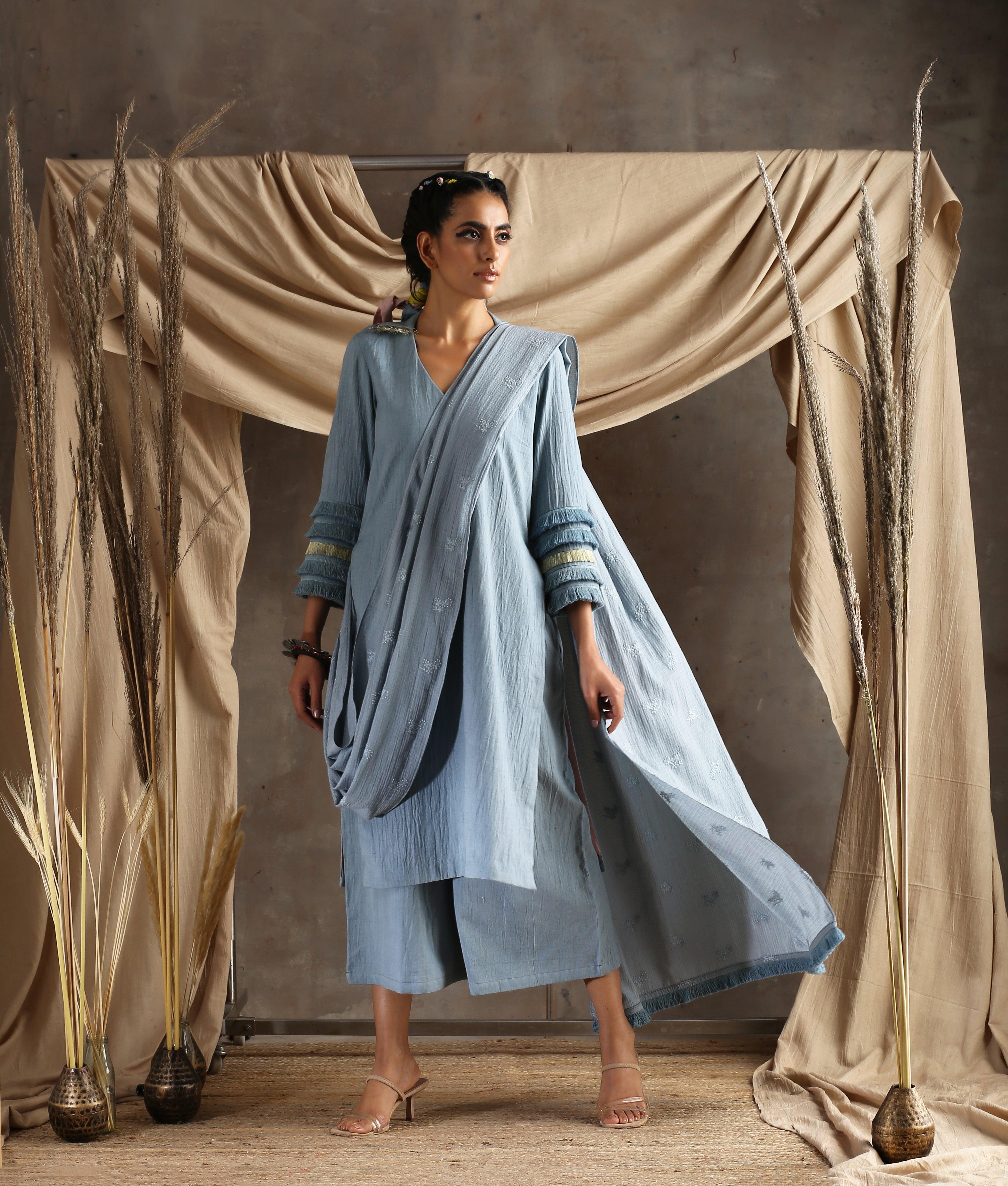 Grey Pure Cotton Embroidered Saree - trueBrowns