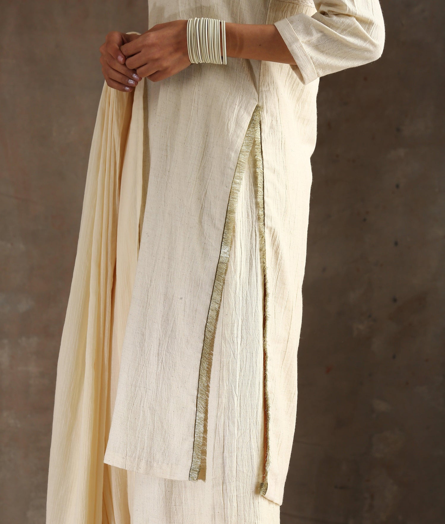 Ivory Pure Cotton Long Slit Lace Kurta - trueBrowns
