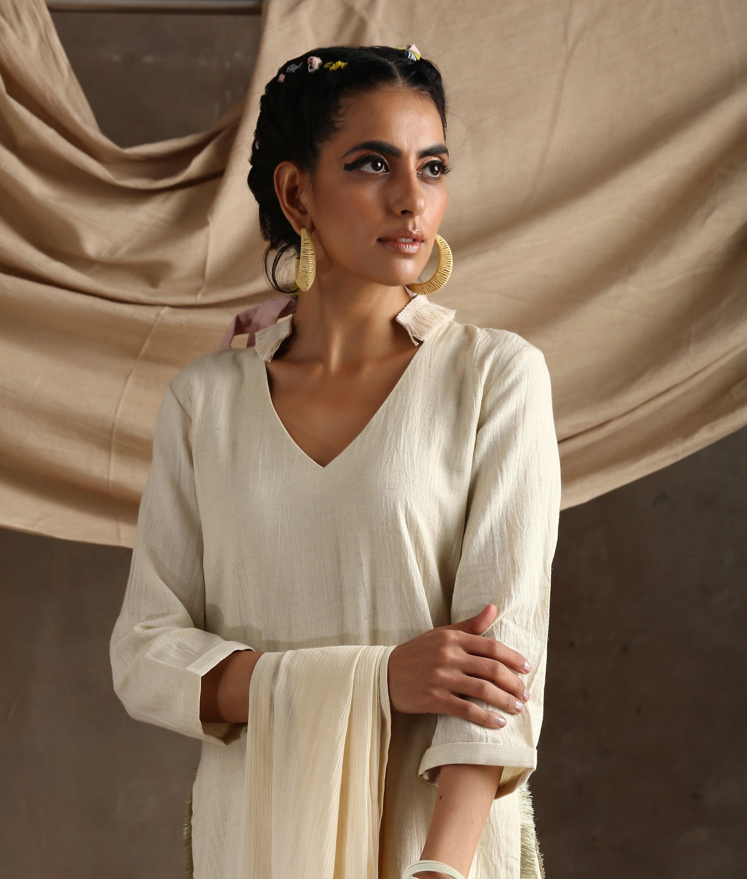 Ivory Pure Cotton Long Slit Lace Kurta - trueBrowns