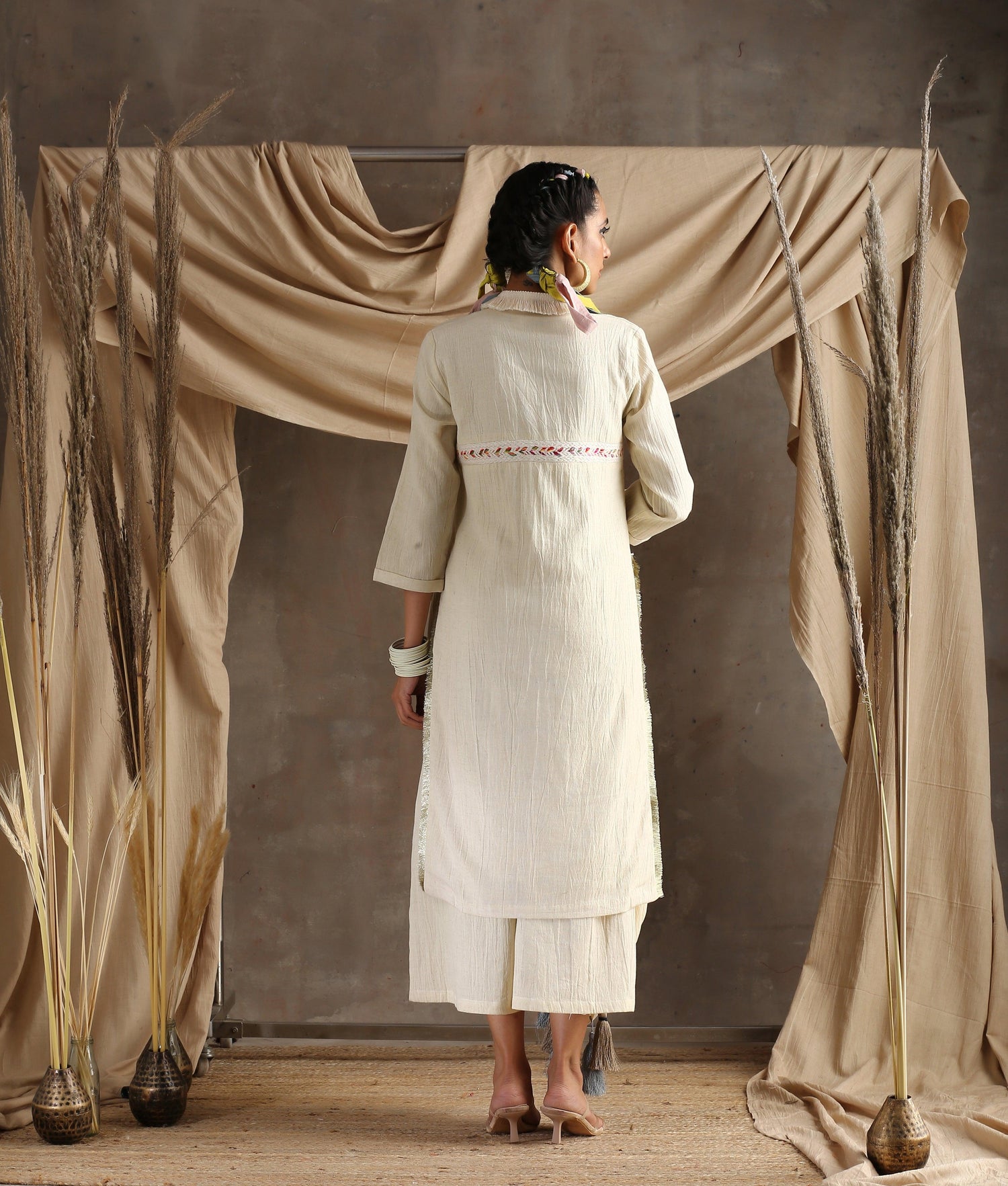 Ivory Pure Cotton Long Slit Lace Kurta - trueBrowns