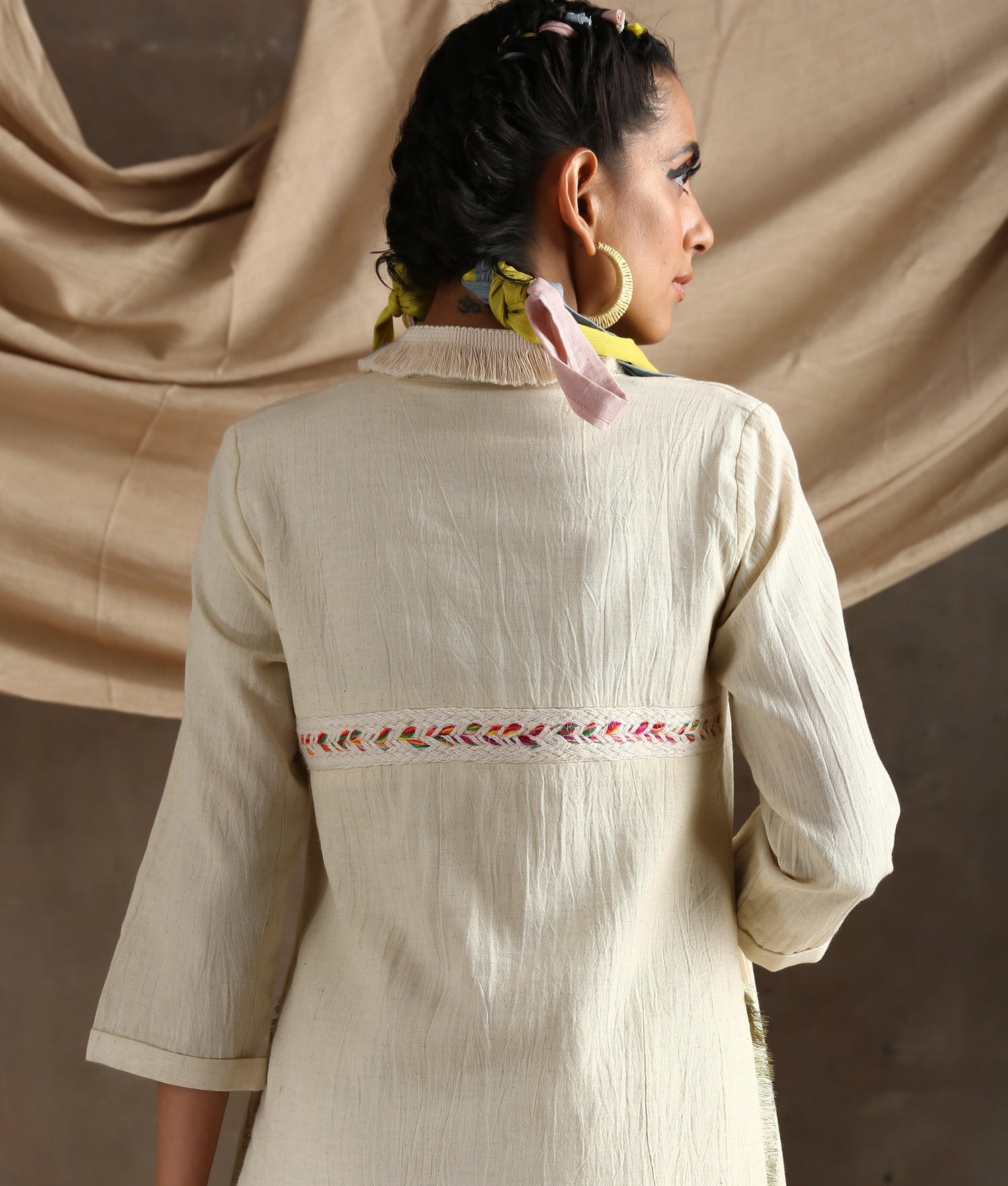 Ivory Pure Cotton Long Slit Lace Kurta - trueBrowns