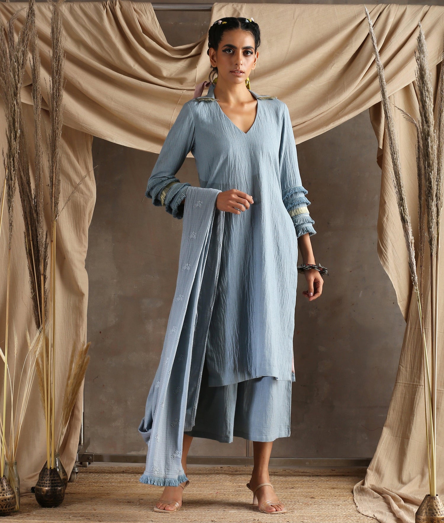 Grey Pure Cotton Long Slit Lace Kurta - trueBrowns