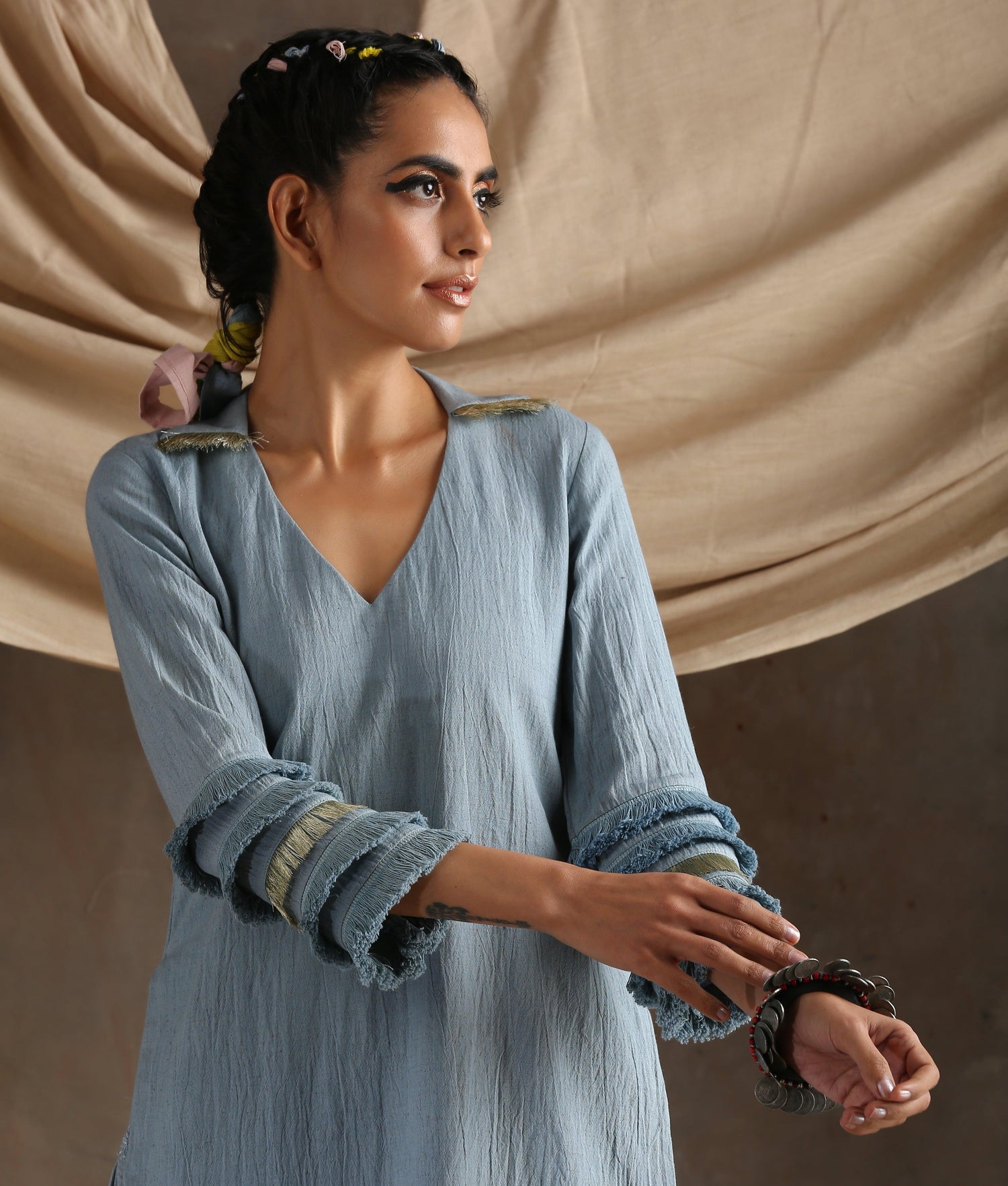 Grey Pure Cotton Long Slit Lace Kurta - trueBrowns
