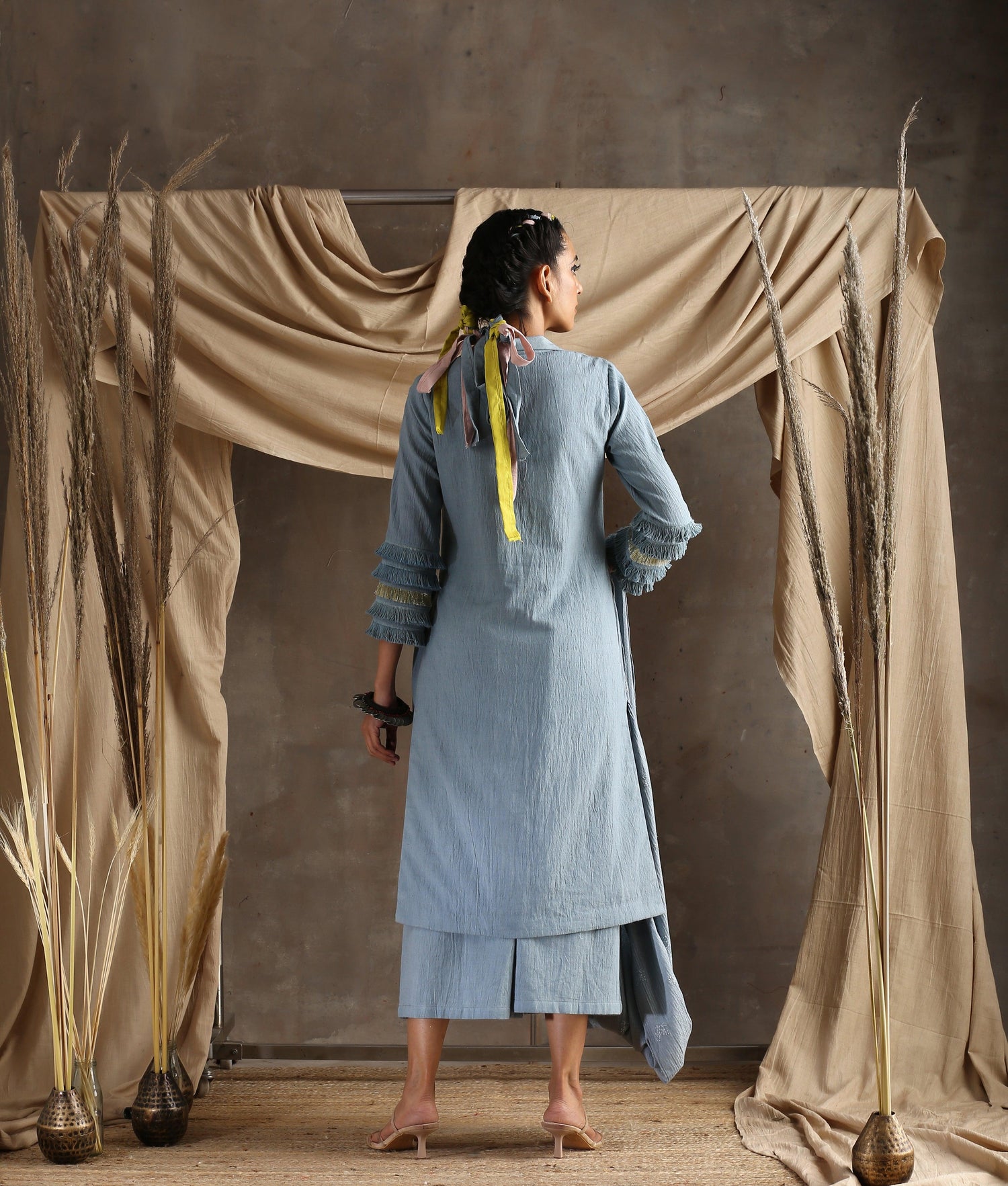 Grey Pure Cotton Long Slit Lace Kurta - trueBrowns
