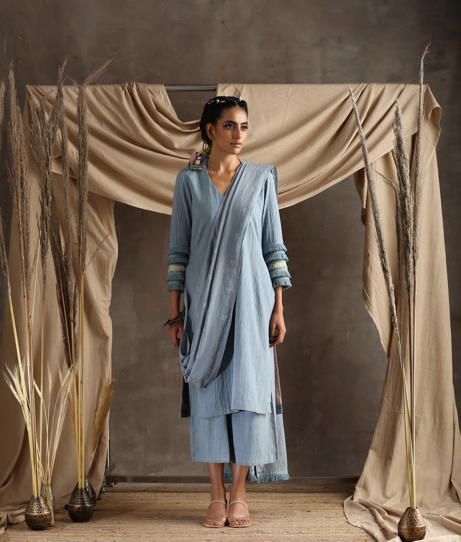 Grey Pure Cotton Long Slit Lace Kurta - trueBrowns