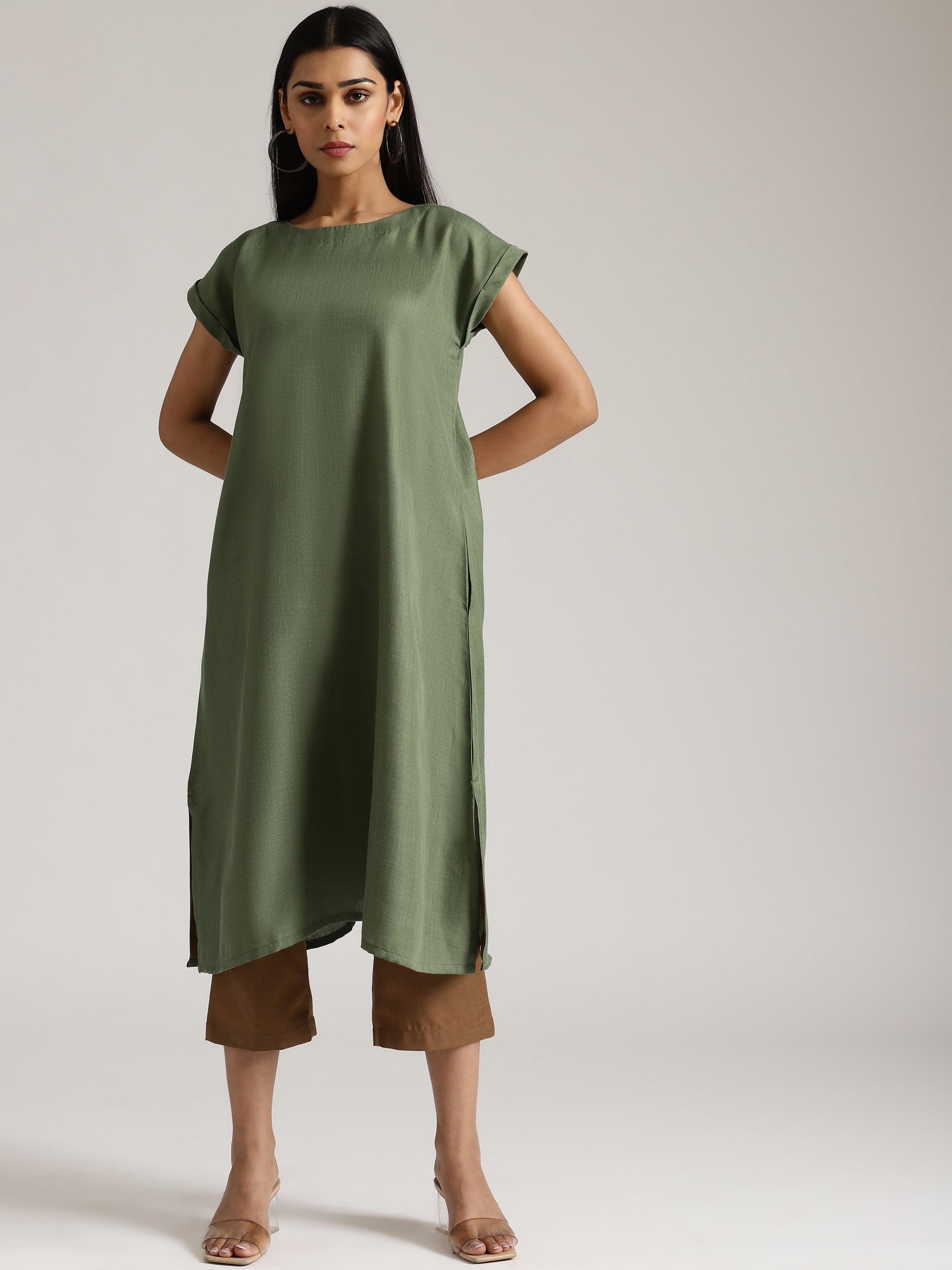 Cotton Linen Olive Green Kurta Pant Set - trueBrowns