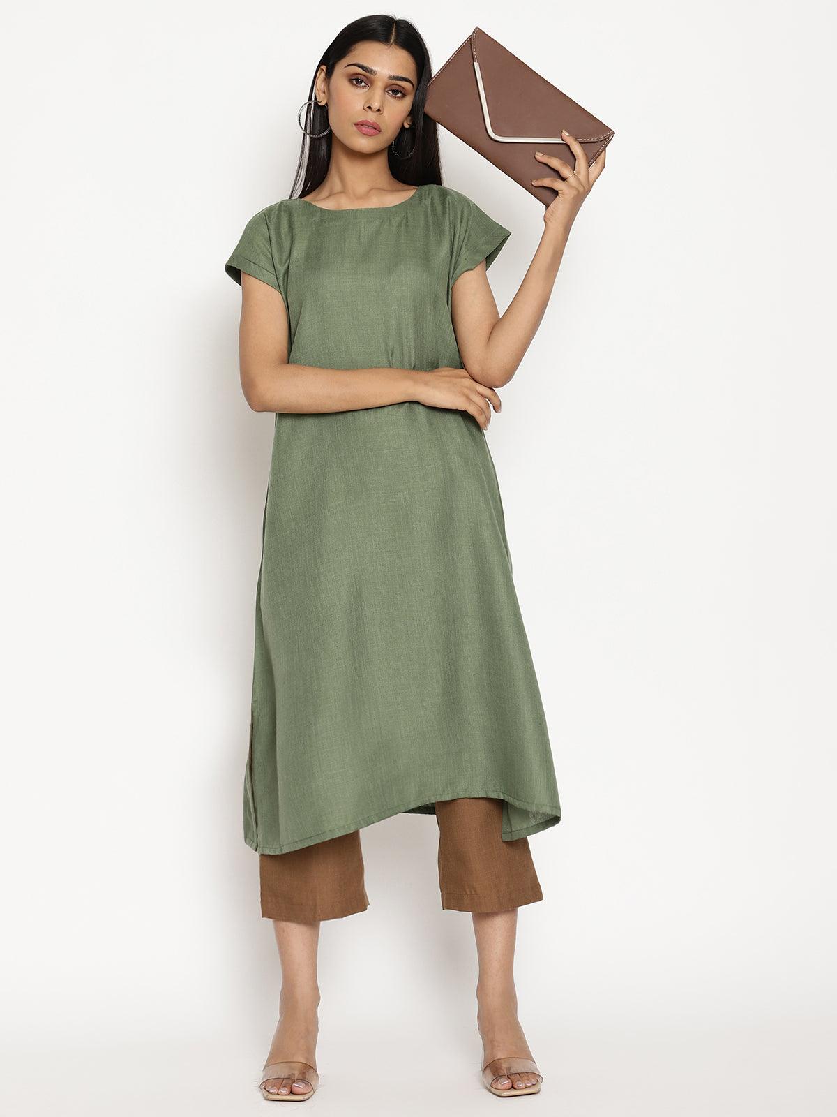 Cotton Linen Olive Green Kurta Pant Set - trueBrowns