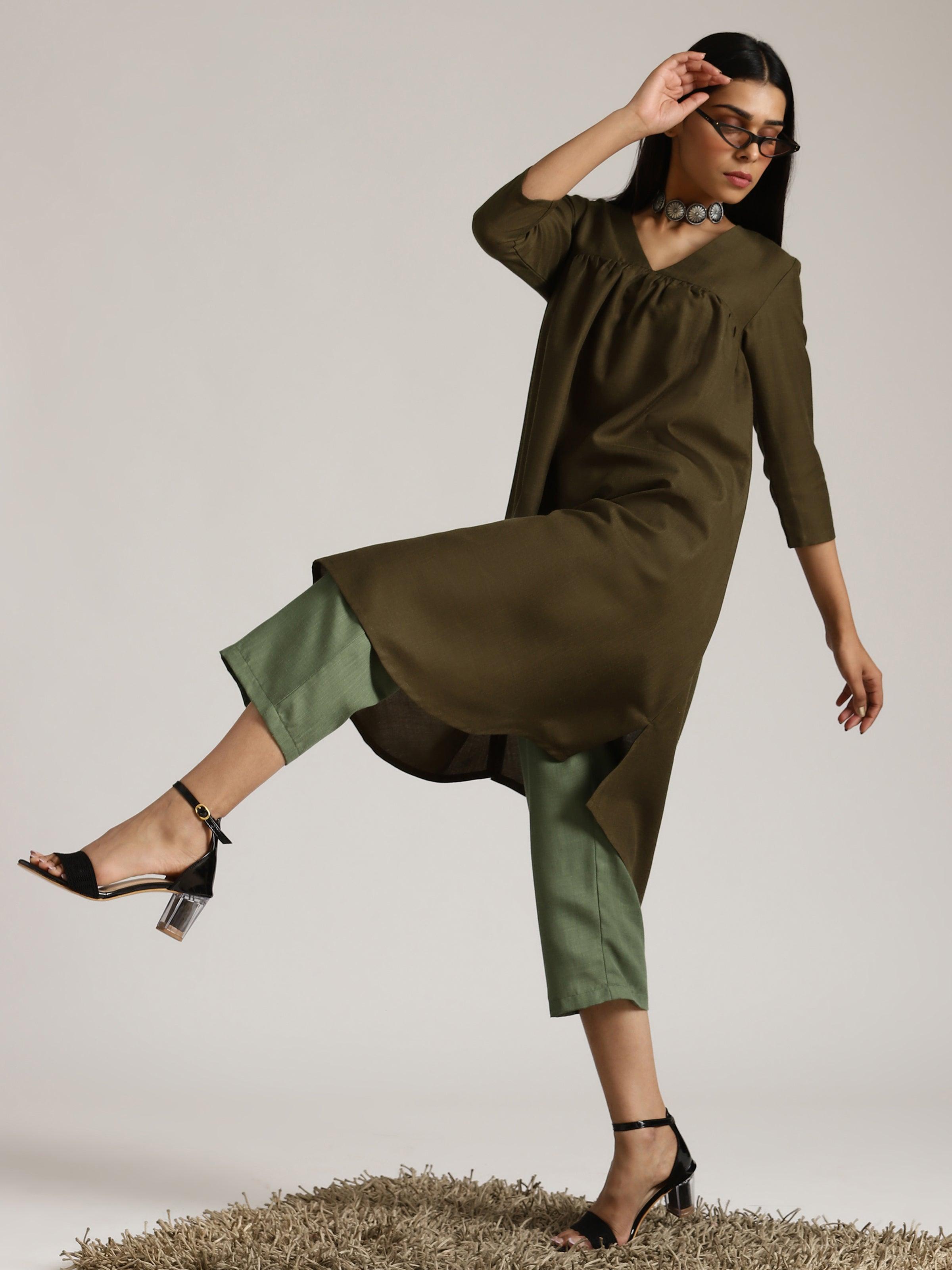 Cotton Linen Dark Green Gathered Kurta Pant Set - trueBrowns