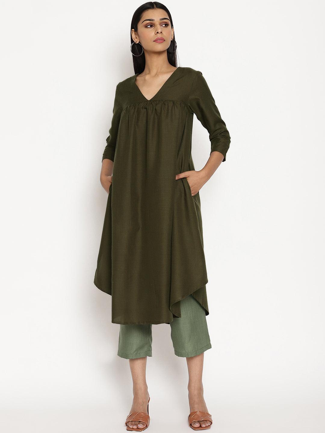 Cotton Linen Dark Green Gathered Kurta Pant Set - trueBrowns