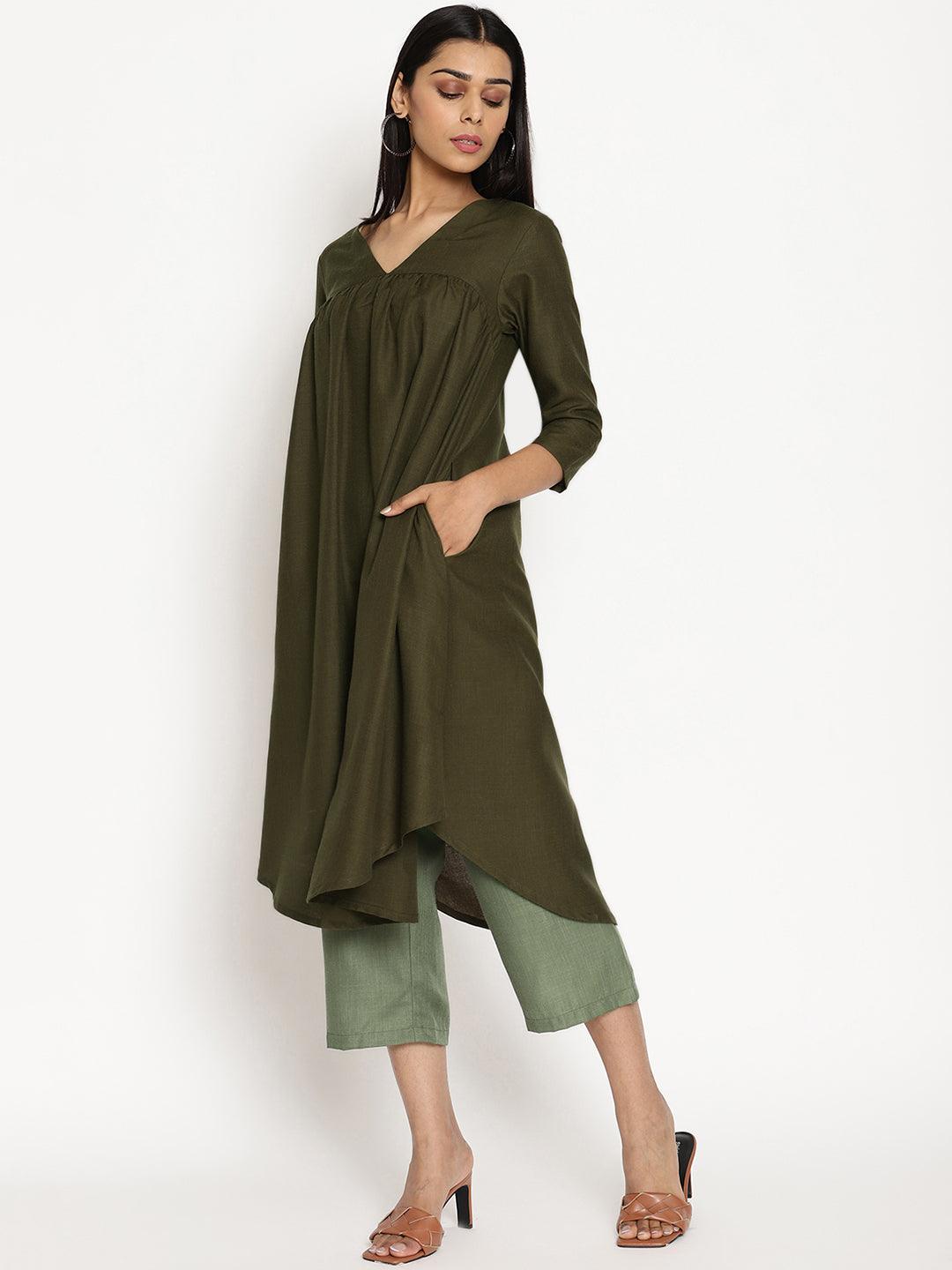 Cotton Linen Dark Green Gathered Kurta Pant Set - trueBrowns