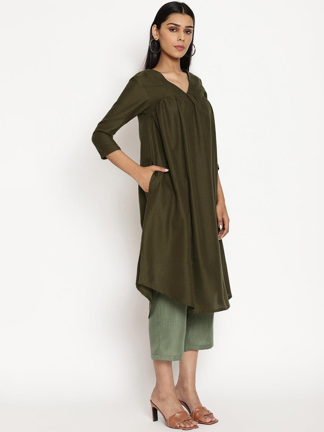 Cotton Linen Dark Green Gathered Kurta Pant Set - trueBrowns