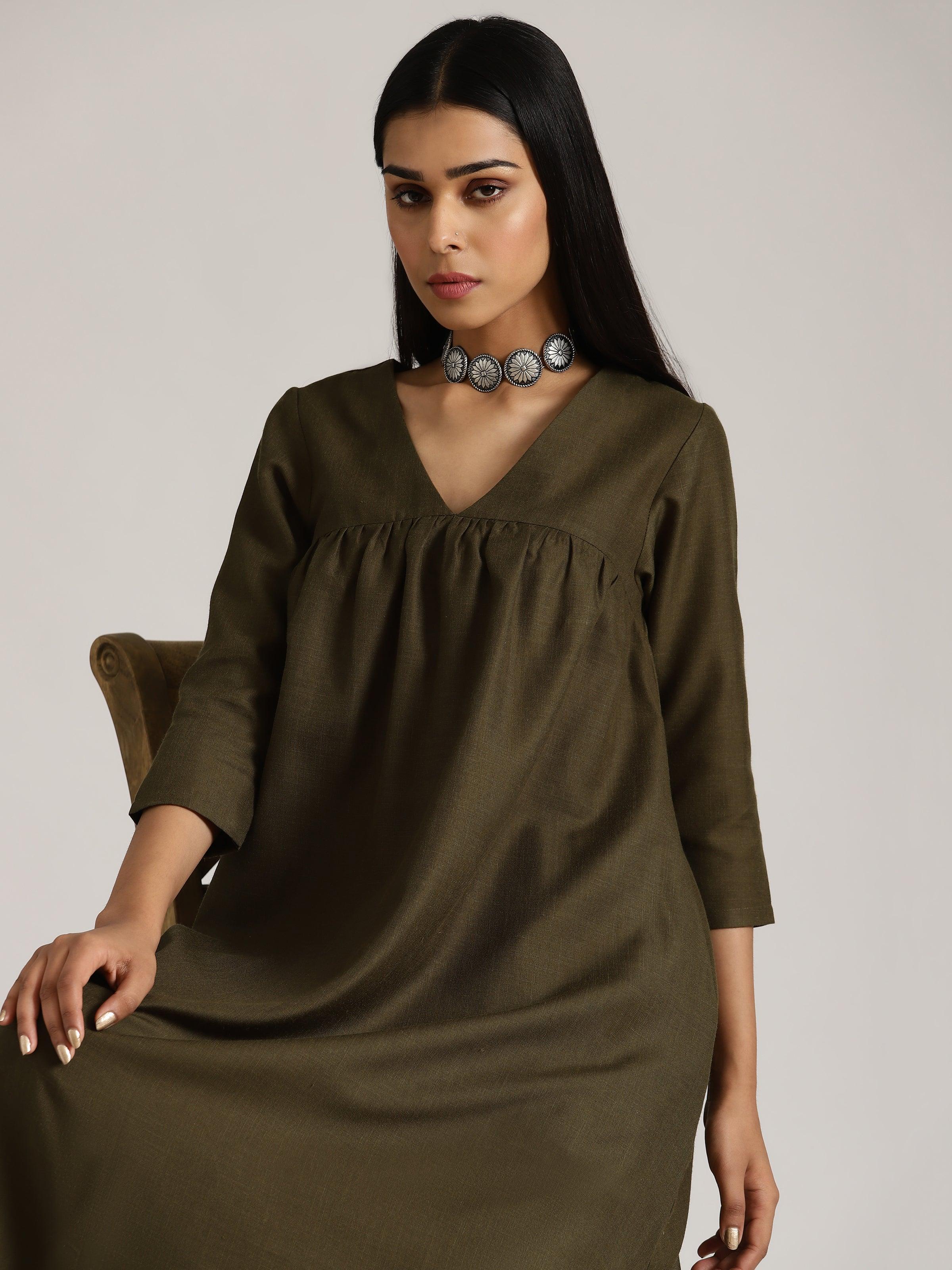 Cotton Linen Dark Green Gathered Kurta Pant Set - trueBrowns