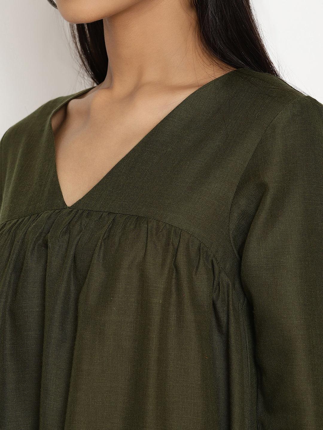 Cotton Linen Dark Green Gathered Kurta Pant Set - trueBrowns