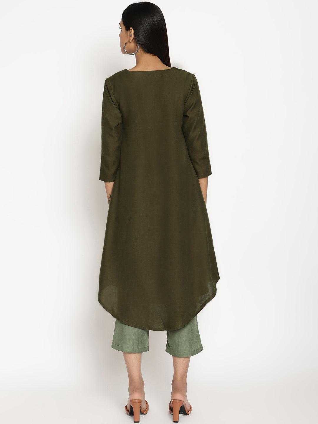 Cotton Linen Dark Green Gathered Kurta Pant Set - trueBrowns