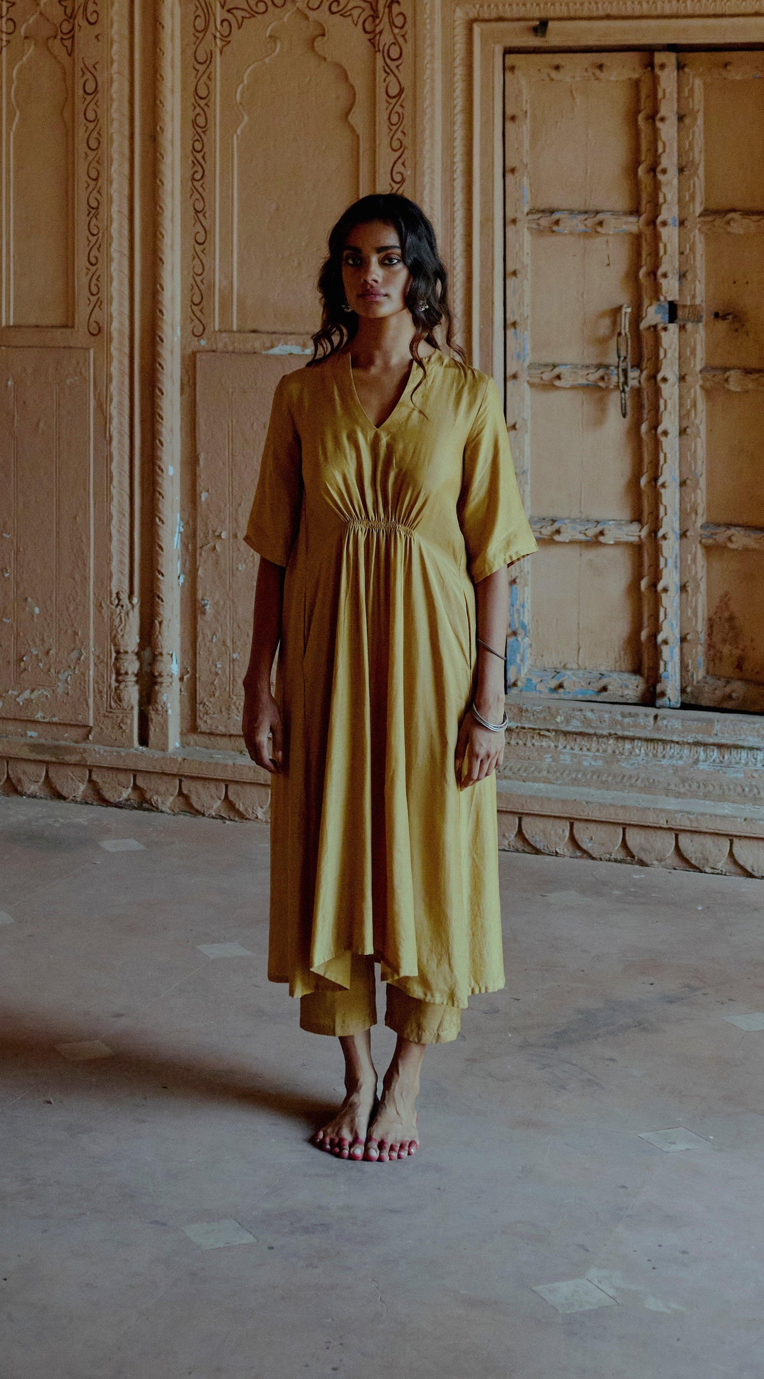 Silk Gold Flared Kurta Pant Set - trueBrowns
