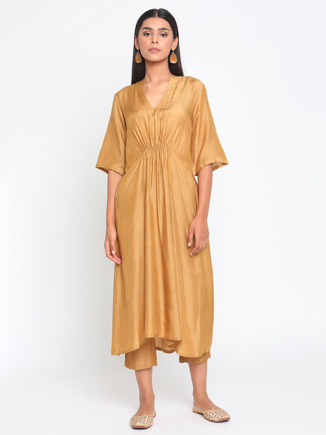 Silk Gold Flared Kurta Pant Set - trueBrowns