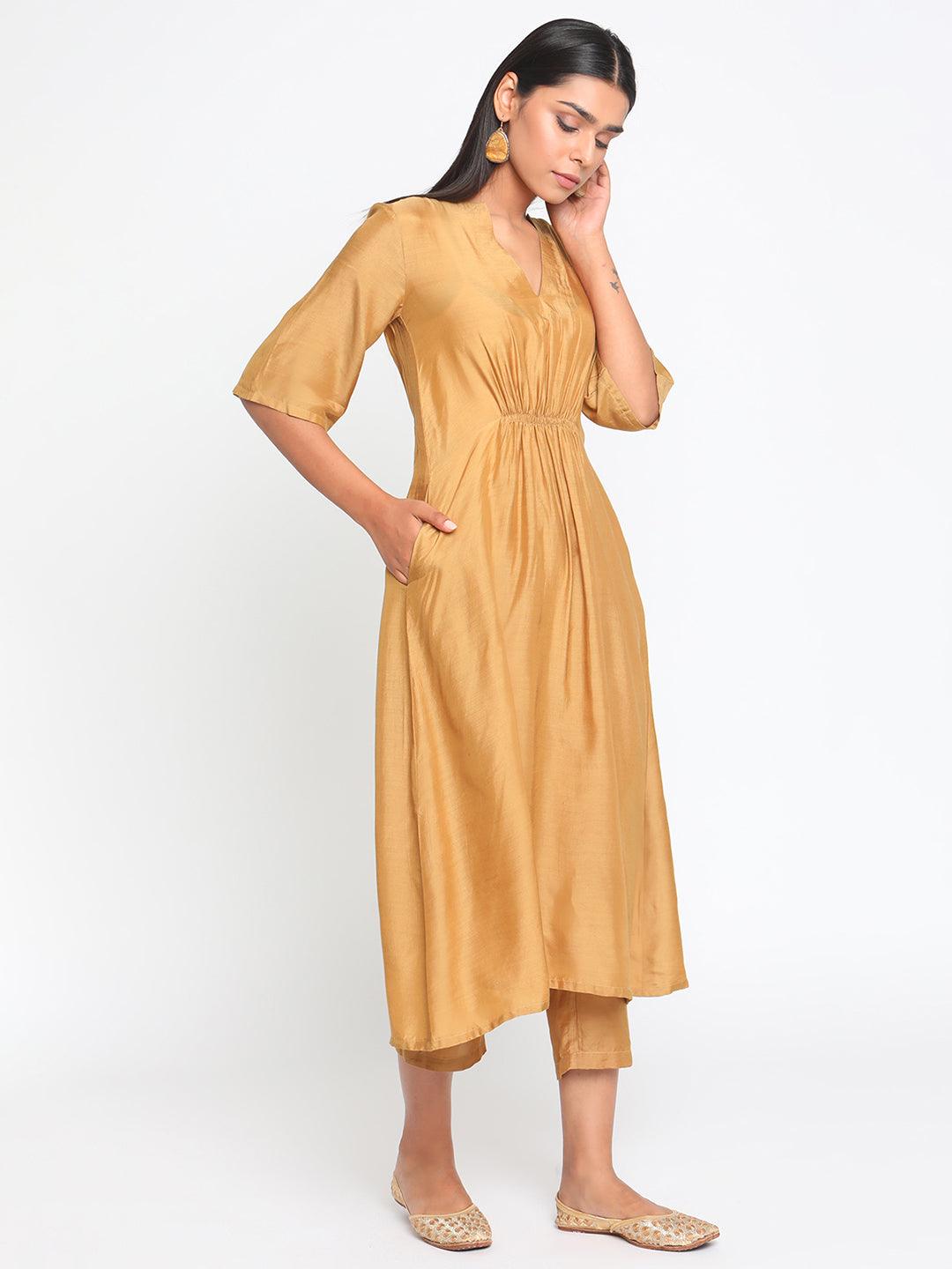 Silk Gold Flared Kurta Pant Set - trueBrowns