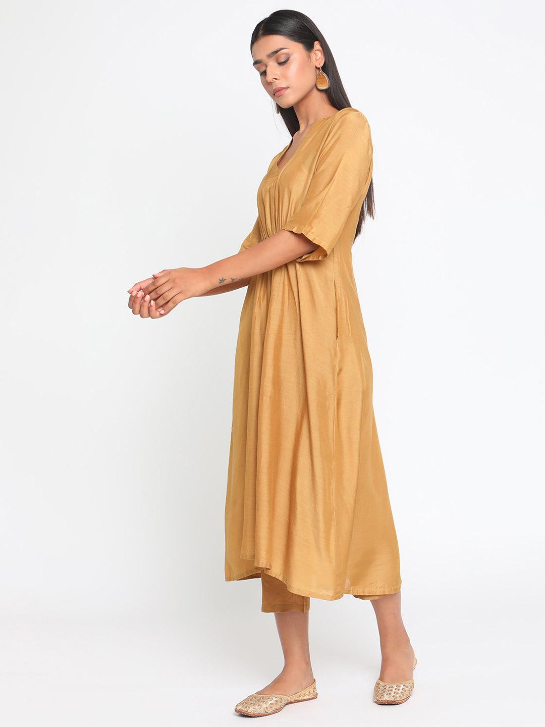 Silk Gold Flared Kurta Pant Set - trueBrowns
