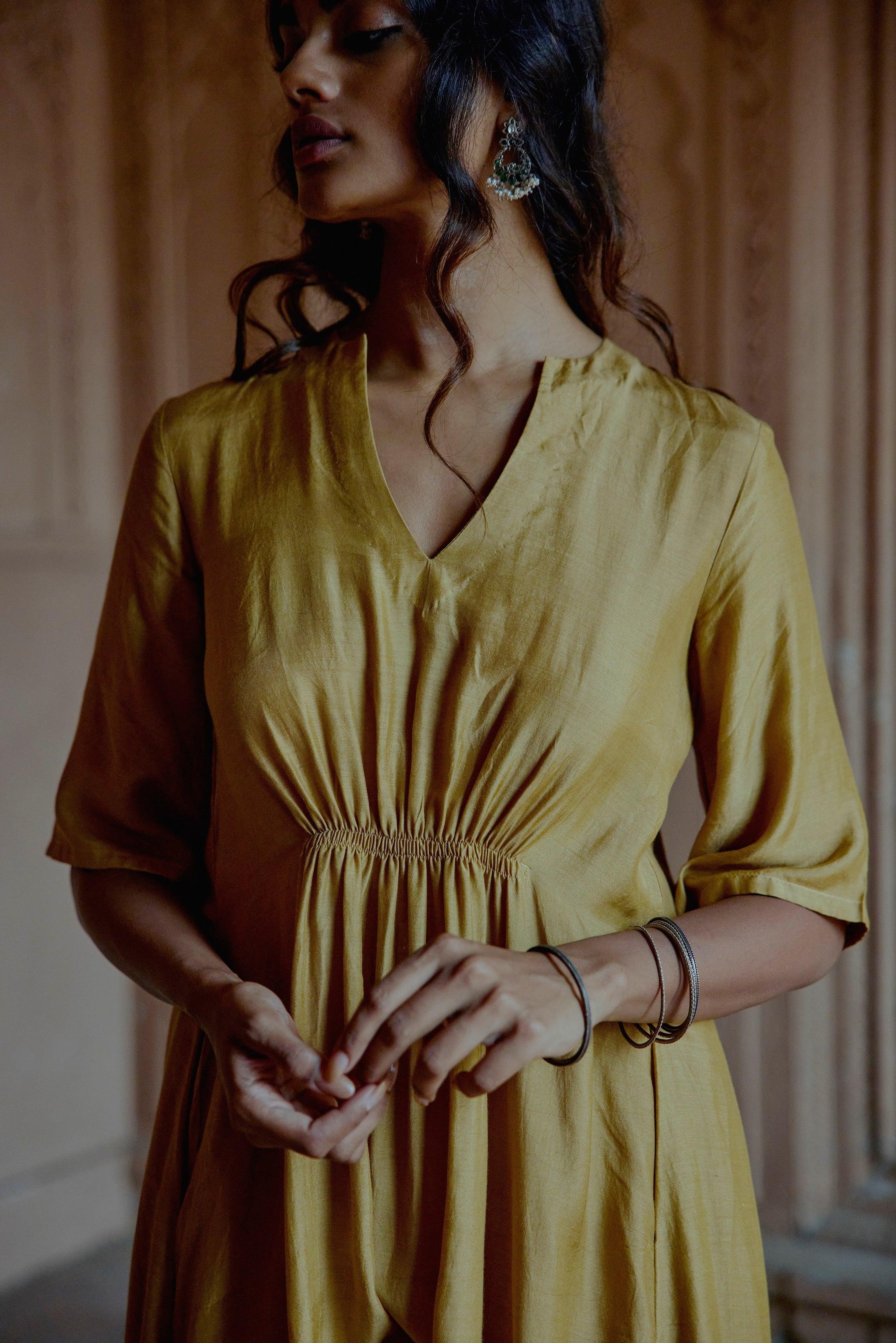 Silk Gold Flared Kurta Pant Set - trueBrowns