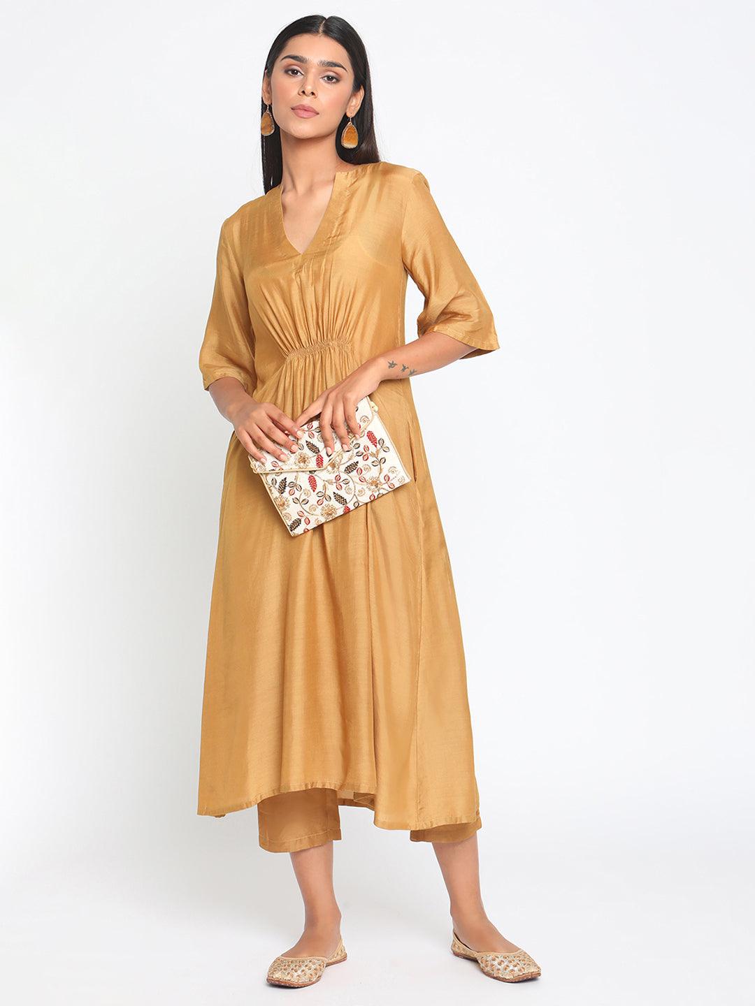 Silk Gold Flared Kurta Pant Set - trueBrowns