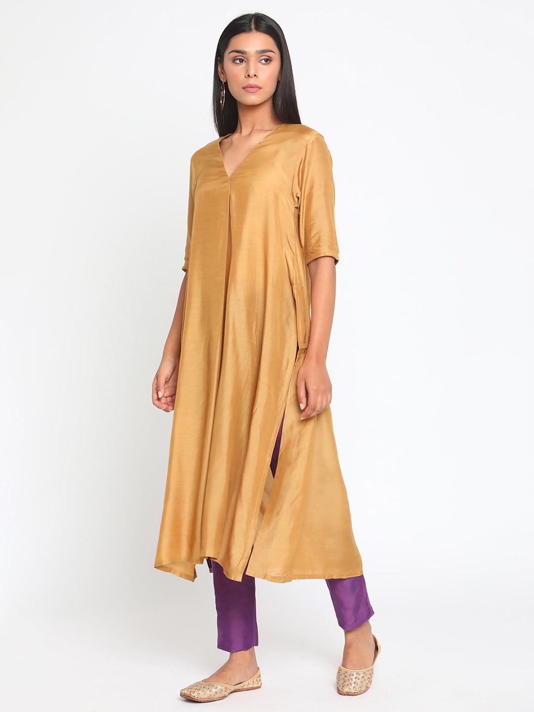 Silk Gold Slit Kurta Pant Set - trueBrowns