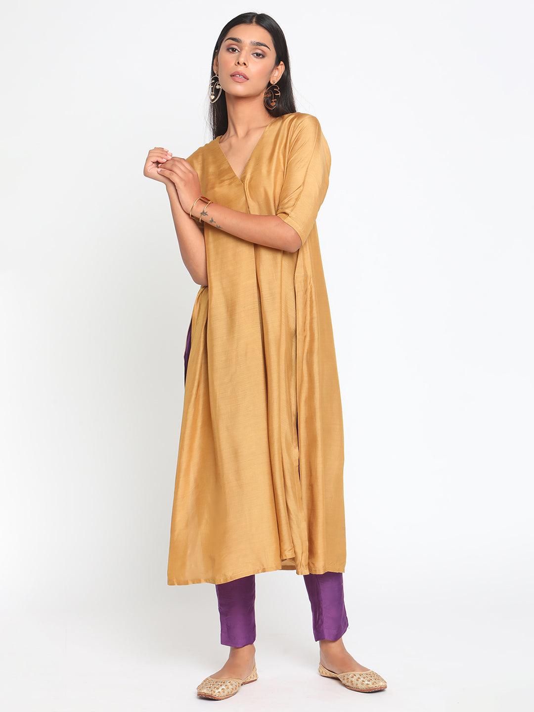 Silk Gold Slit Kurta Pant Set - trueBrowns