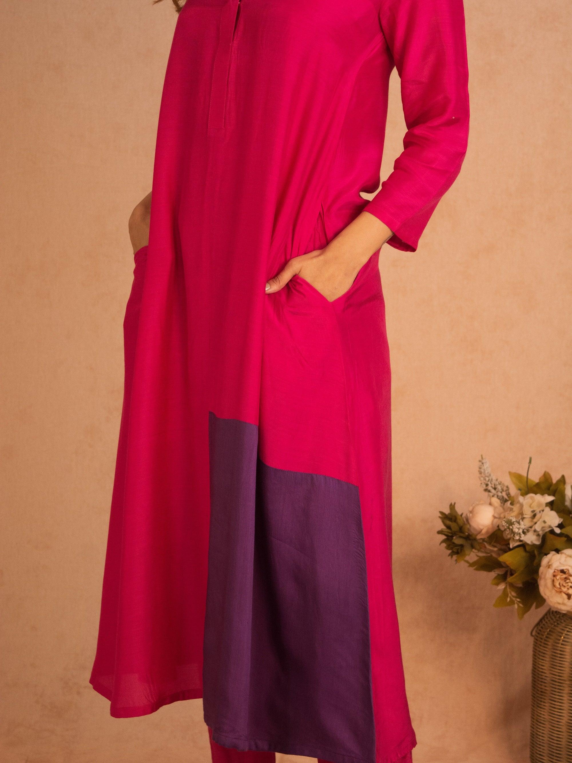 Silk Pink Patched Flared Kurta Pant Set - trueBrowns