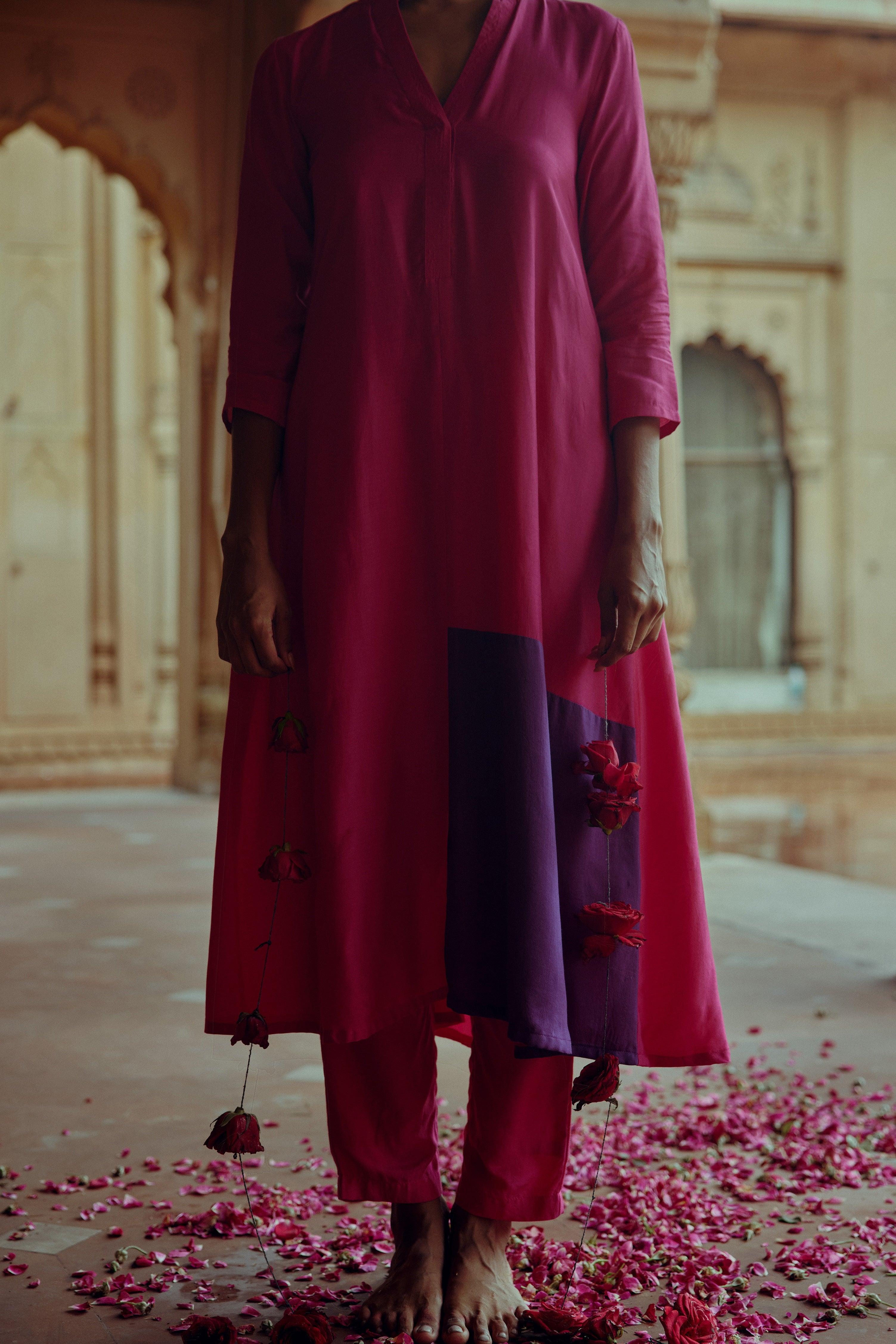 Silk Pink Patched Flared Kurta Pant Set - trueBrowns