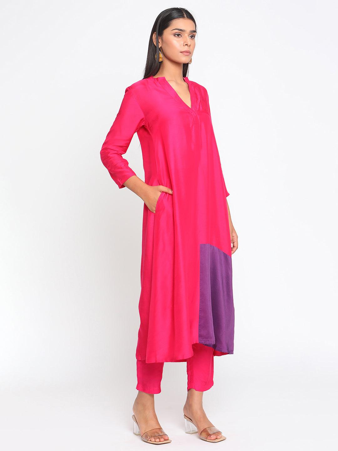 Silk Pink Patched Flared Kurta Pant Set - trueBrowns