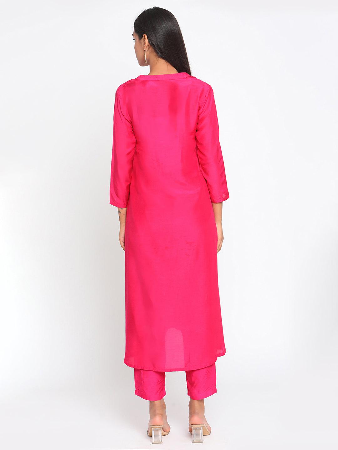 Silk Pink Patched Flared Kurta Pant Set - trueBrowns