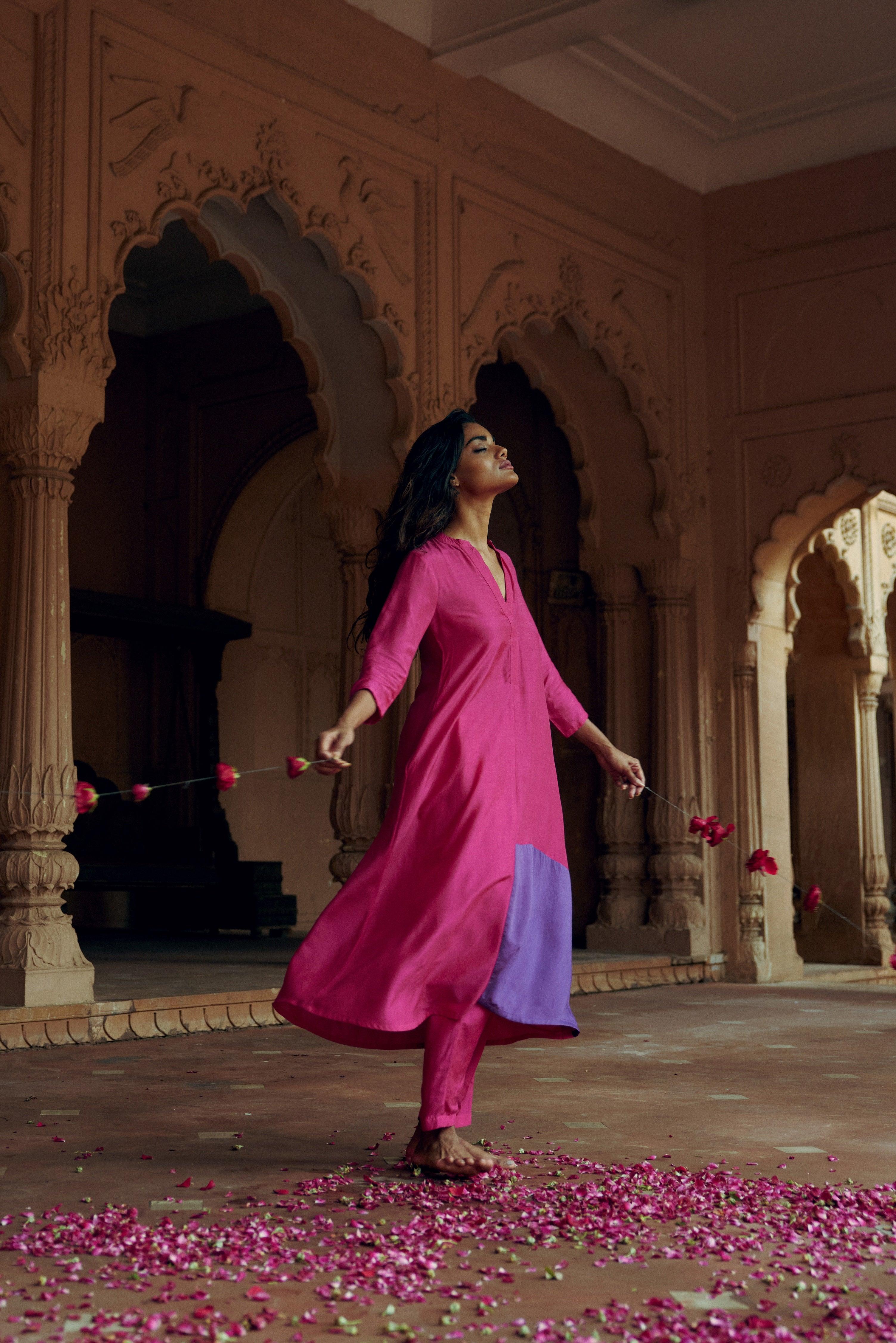 Silk Pink Patched Flared Kurta Pant Set - trueBrowns