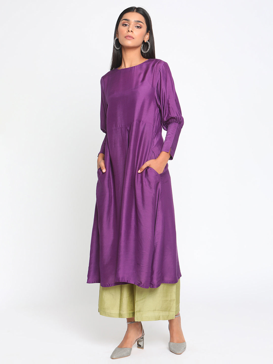 Silk Purple Gathered Sleeve Flared Kurta Palazzo Set