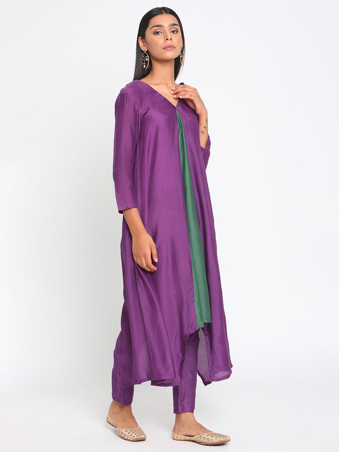 Silk Purple Flared Asymmetric Kurta Pant Set - trueBrowns