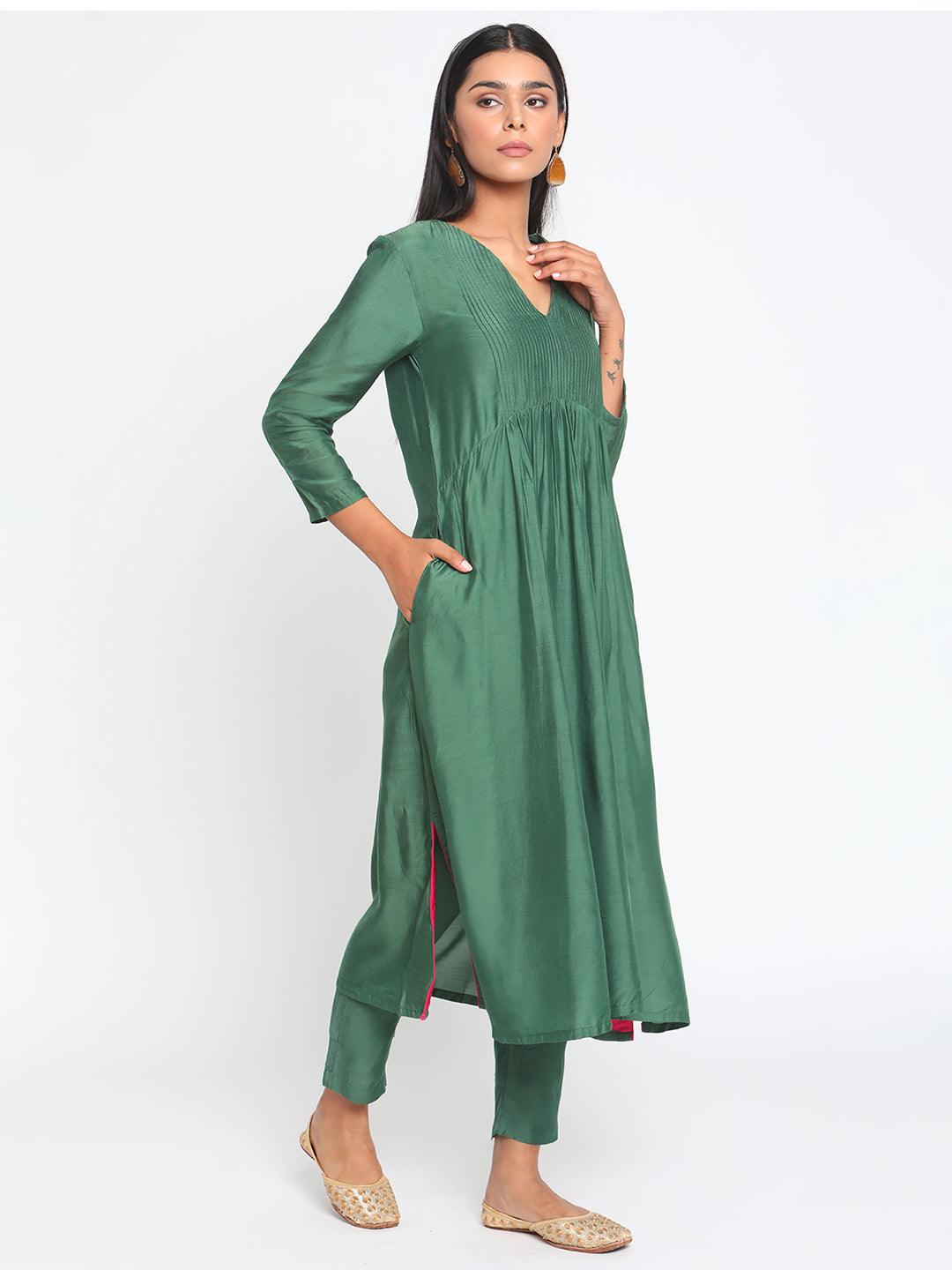 Silk Green Pintucks Flared Kurta Pant Set - trueBrowns