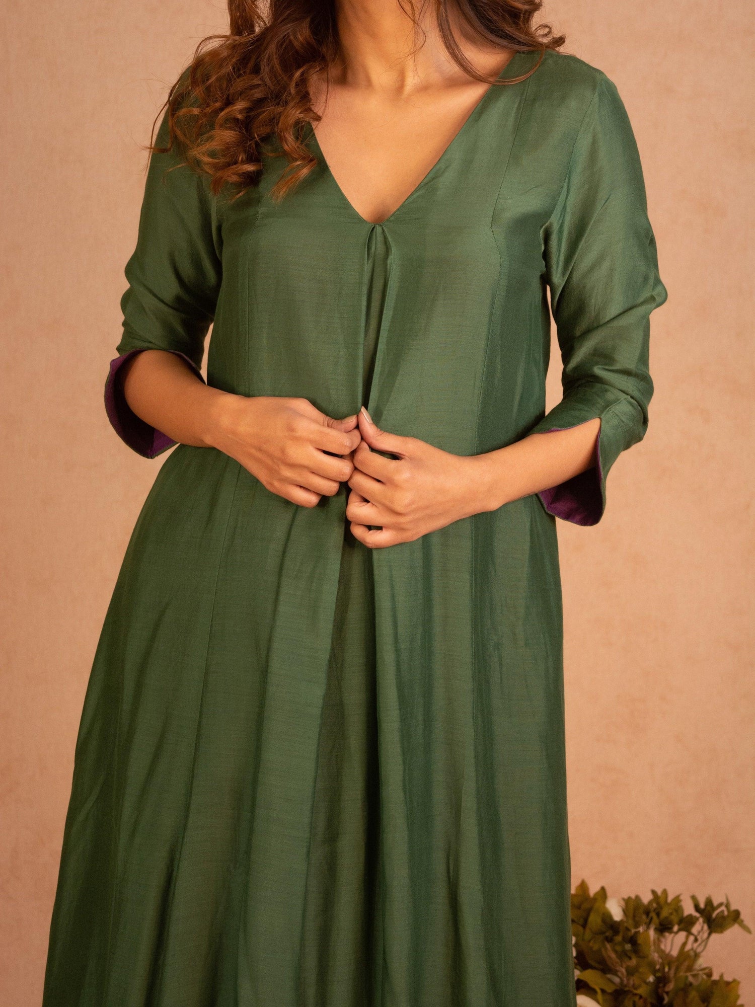 Silk Green Flared Asymmetric kurta Pant Set - trueBrowns