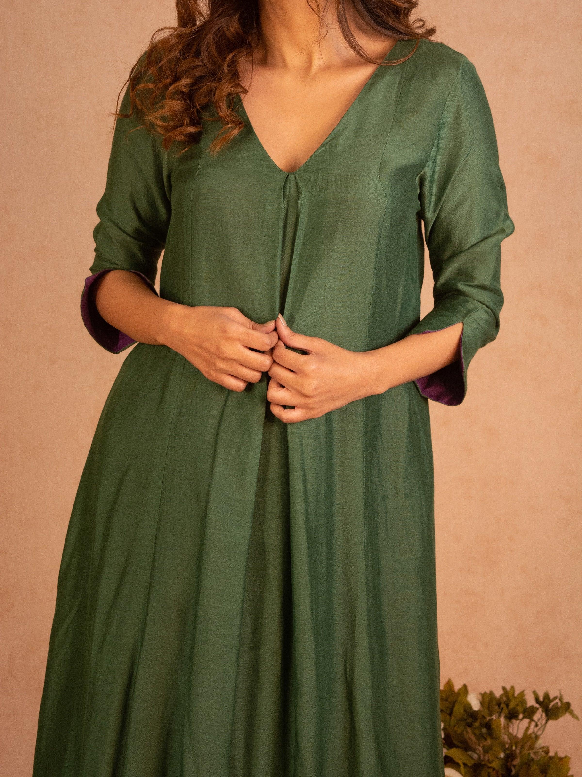 Silk Green Flared Asymmetric kurta Pant Set - trueBrowns