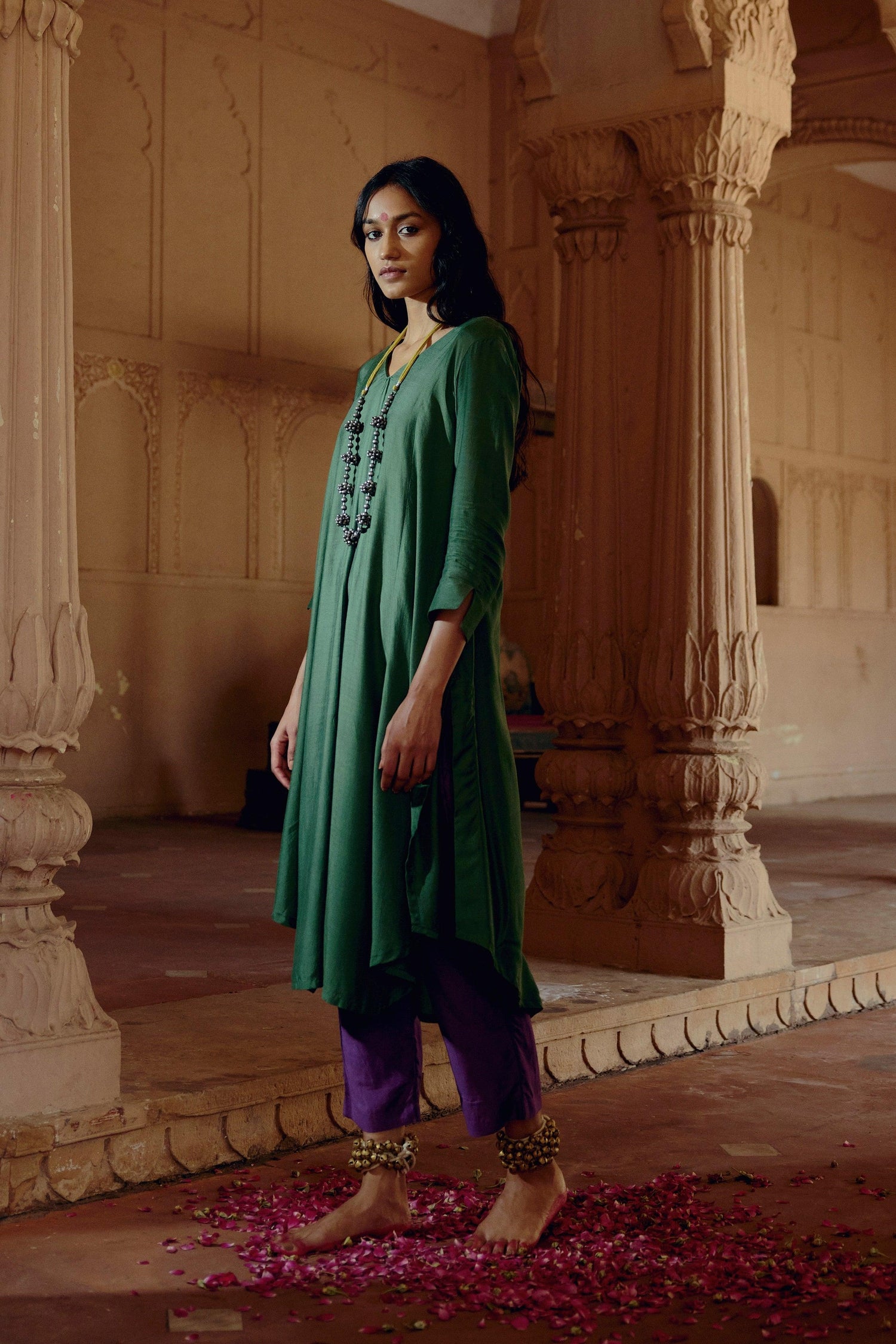 Silk Green Flared Asymmetric kurta Pant Set - trueBrowns