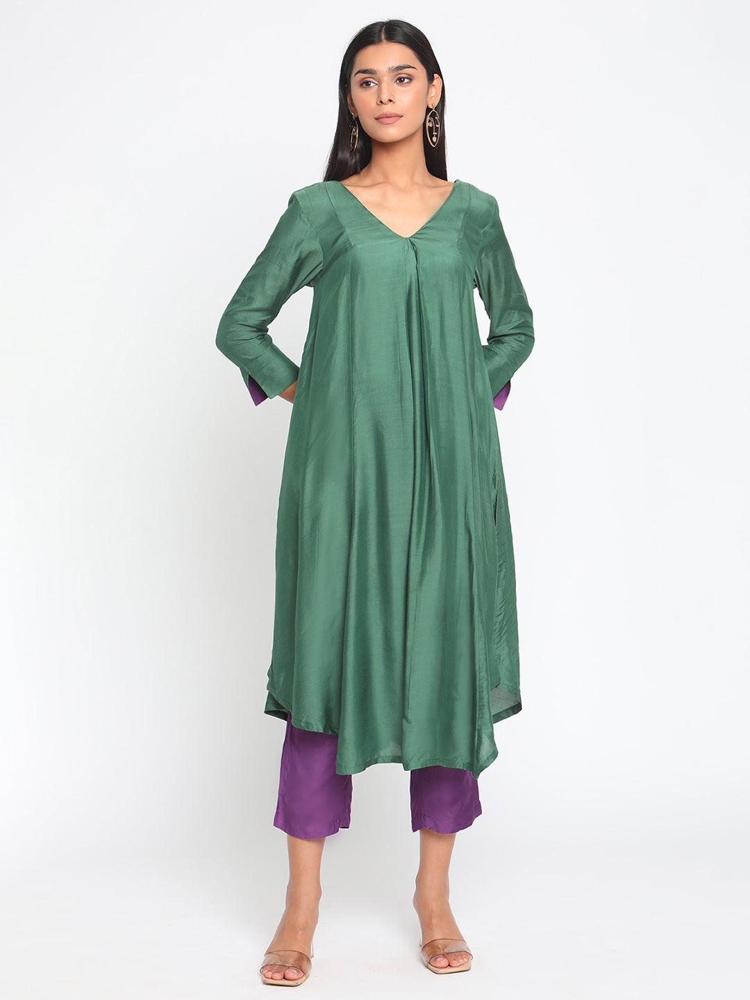 Silk Green Flared Asymmetric kurta Pant Set - trueBrowns