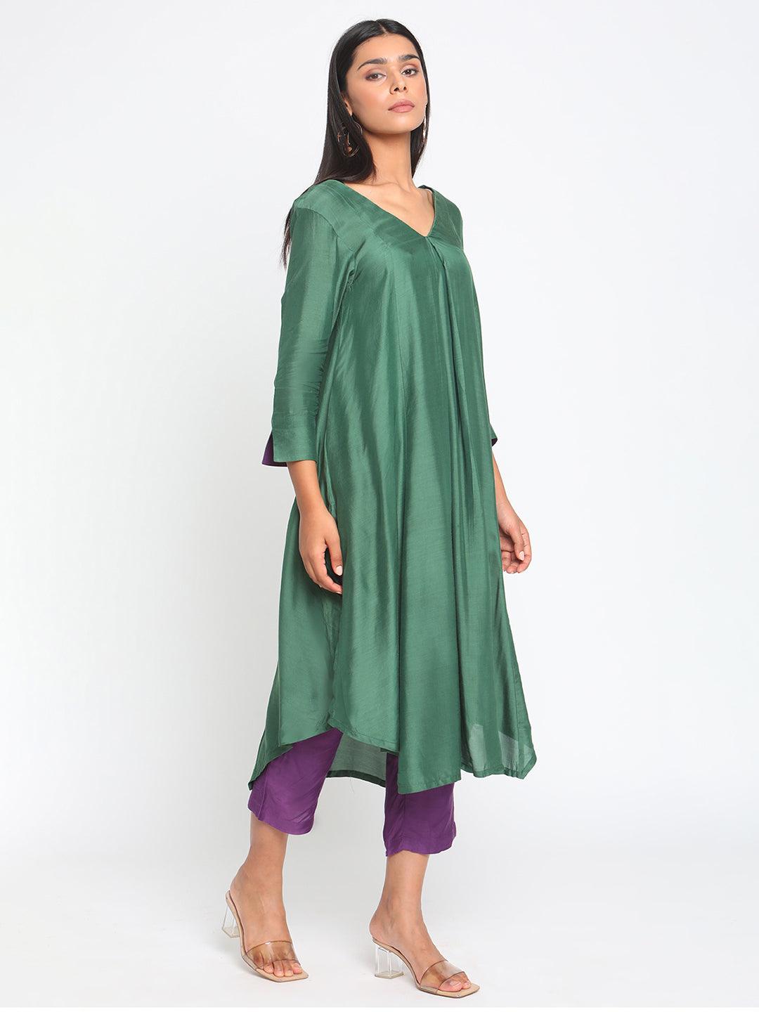 Silk Green Flared Asymmetric kurta Pant Set - trueBrowns