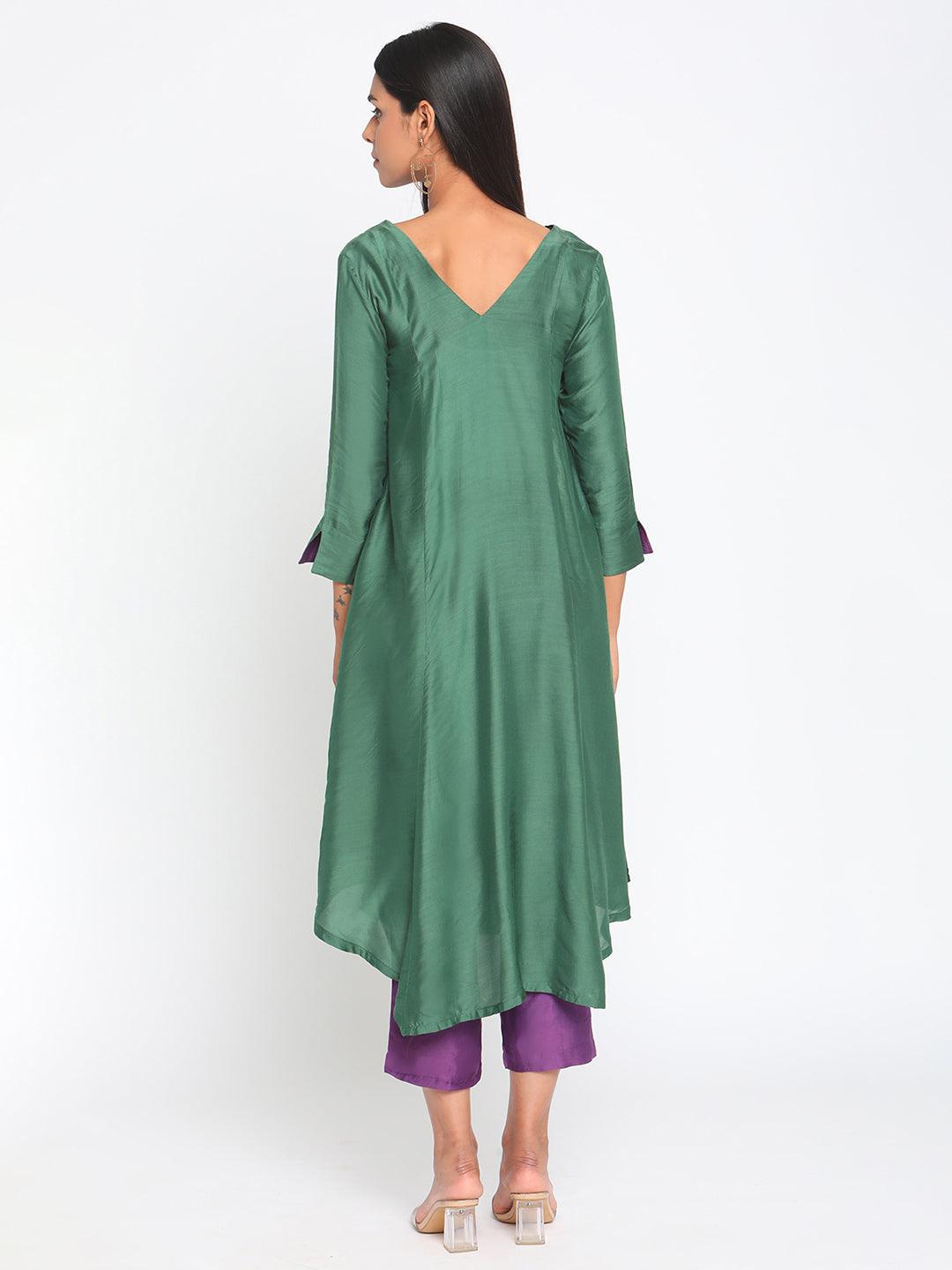 Silk Green Flared Asymmetric kurta Pant Set - trueBrowns