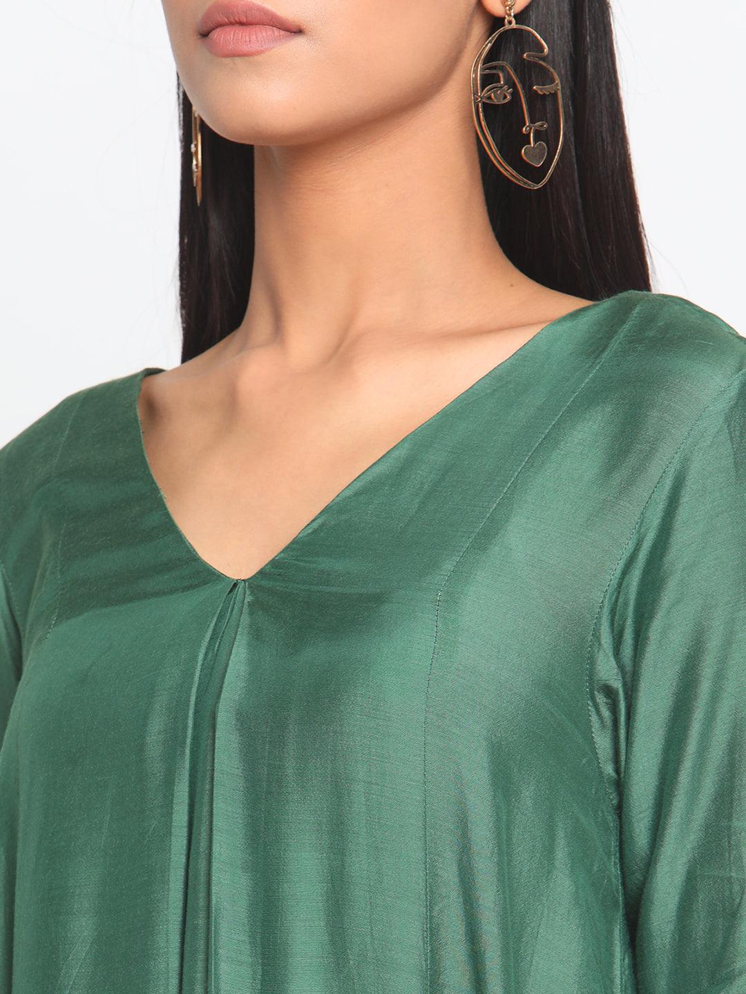 Silk Green Flared Asymmetric kurta Pant Set - trueBrowns