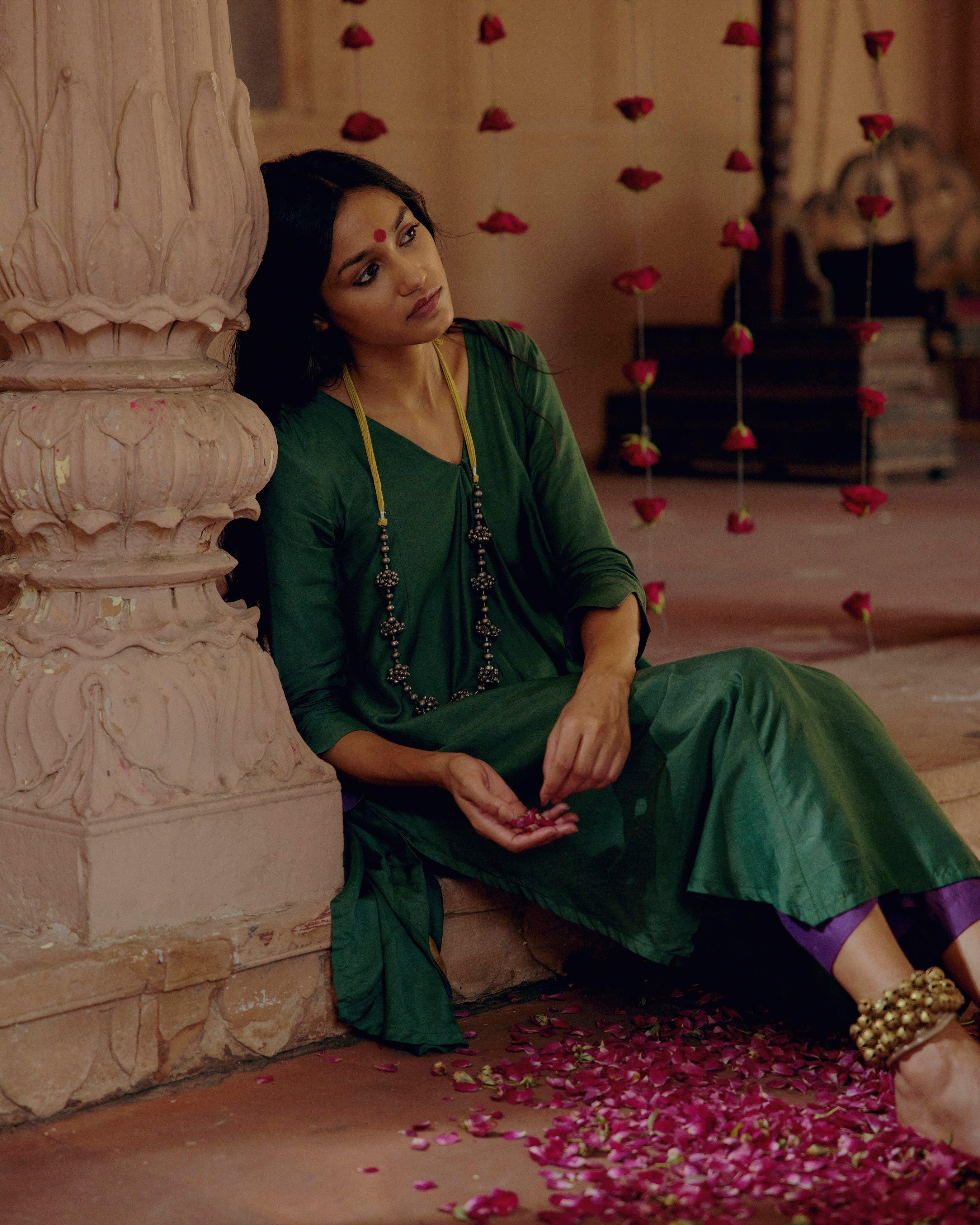 Silk Green Flared Asymmetric kurta Pant Set - trueBrowns