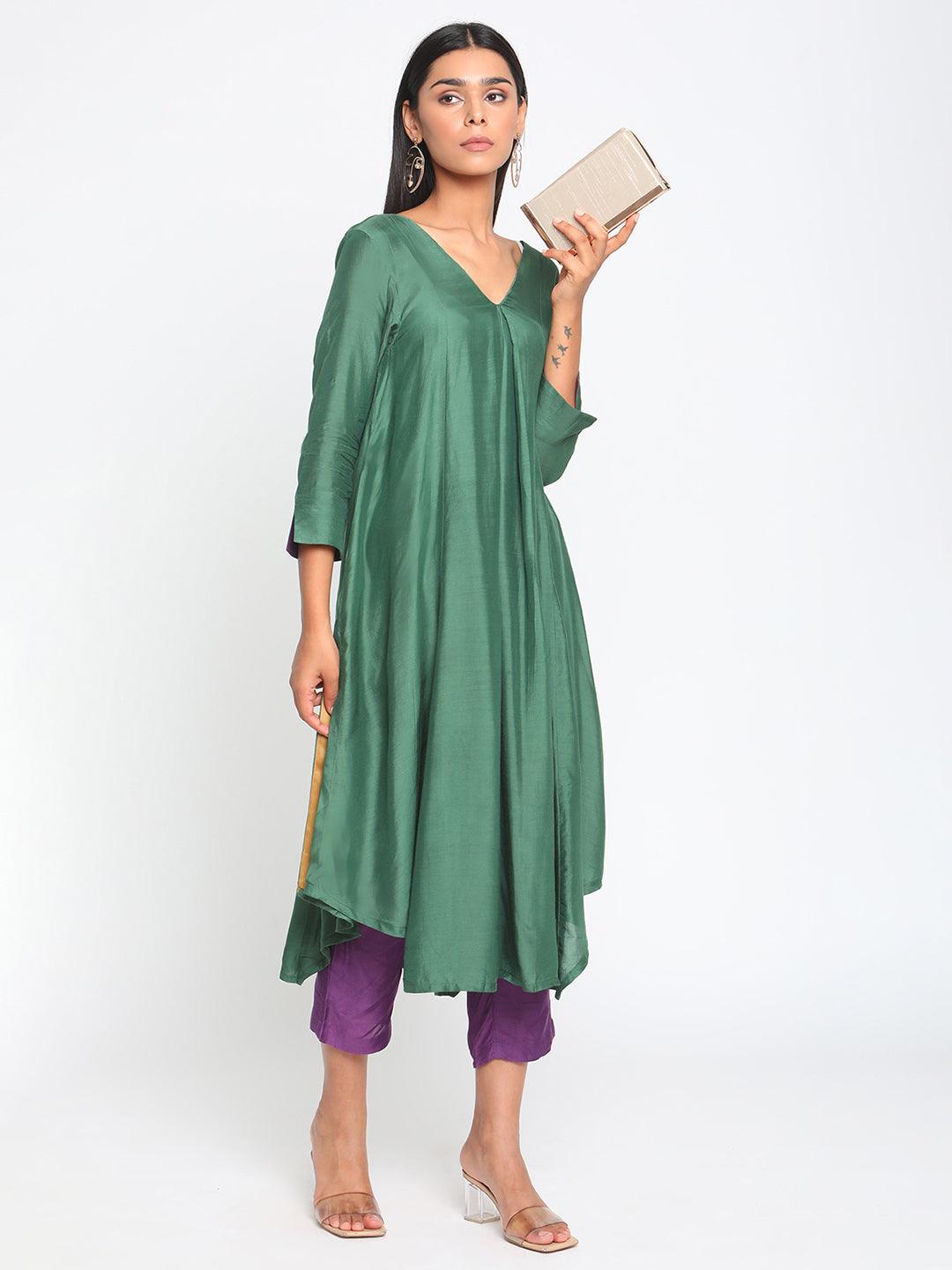 Silk Green Flared Asymmetric kurta Pant Set - trueBrowns