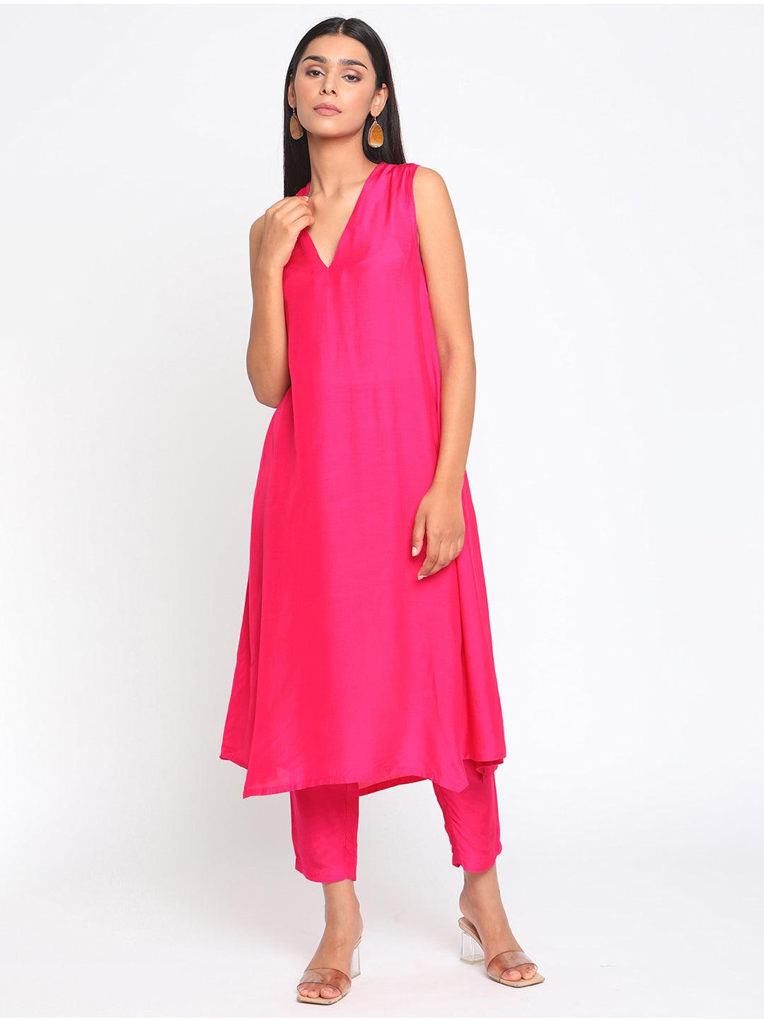 Silk Pink Sleeveless Kurta Pant Set - trueBrowns