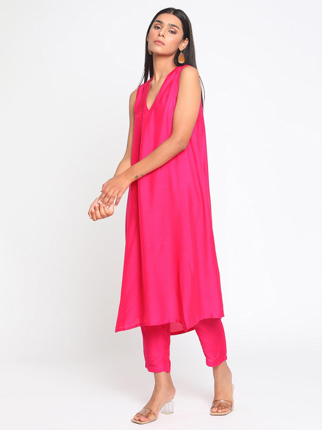 Silk Pink Sleeveless Kurta Pant Set - trueBrowns