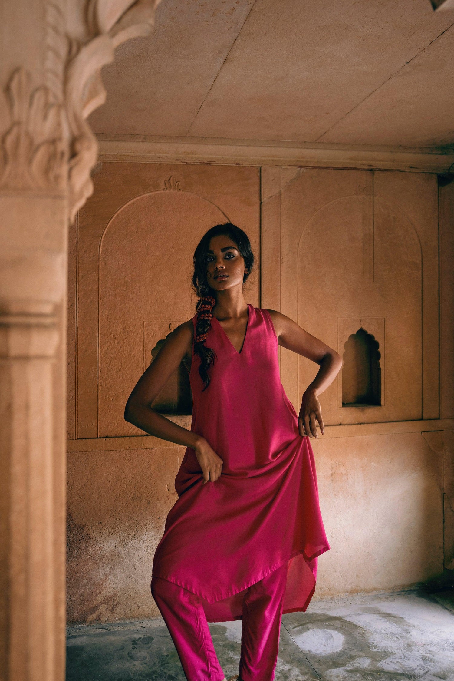 Silk Pink Sleeveless Kurta Pant Set - trueBrowns