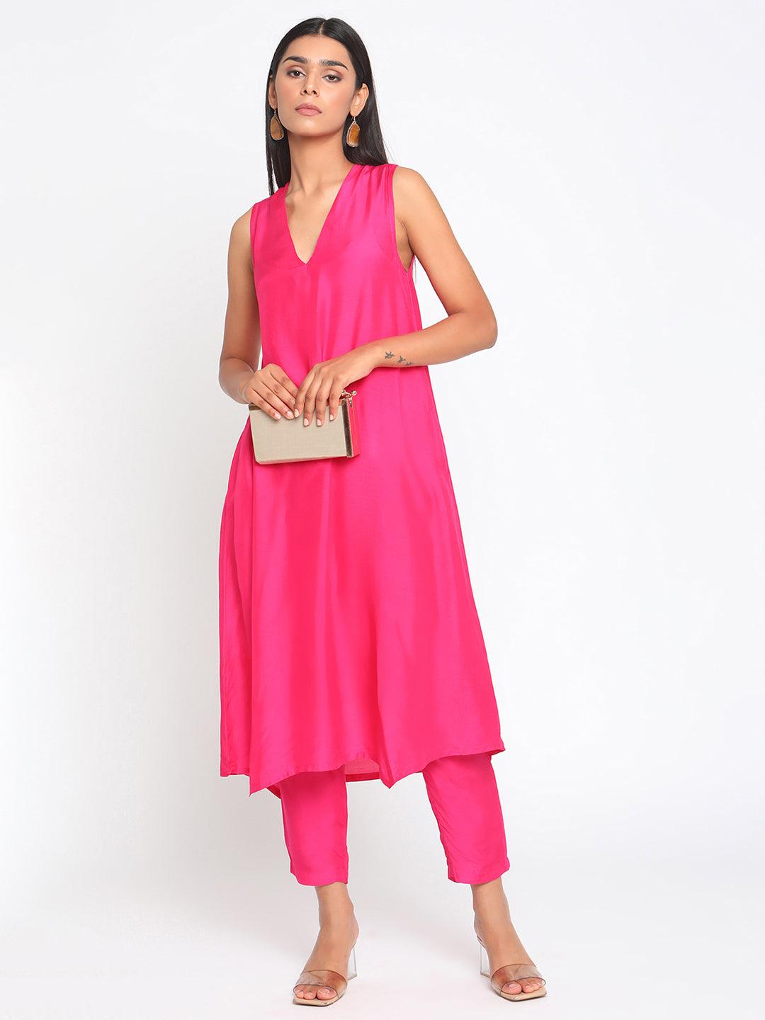 Silk Pink Sleeveless Kurta Pant Set - trueBrowns