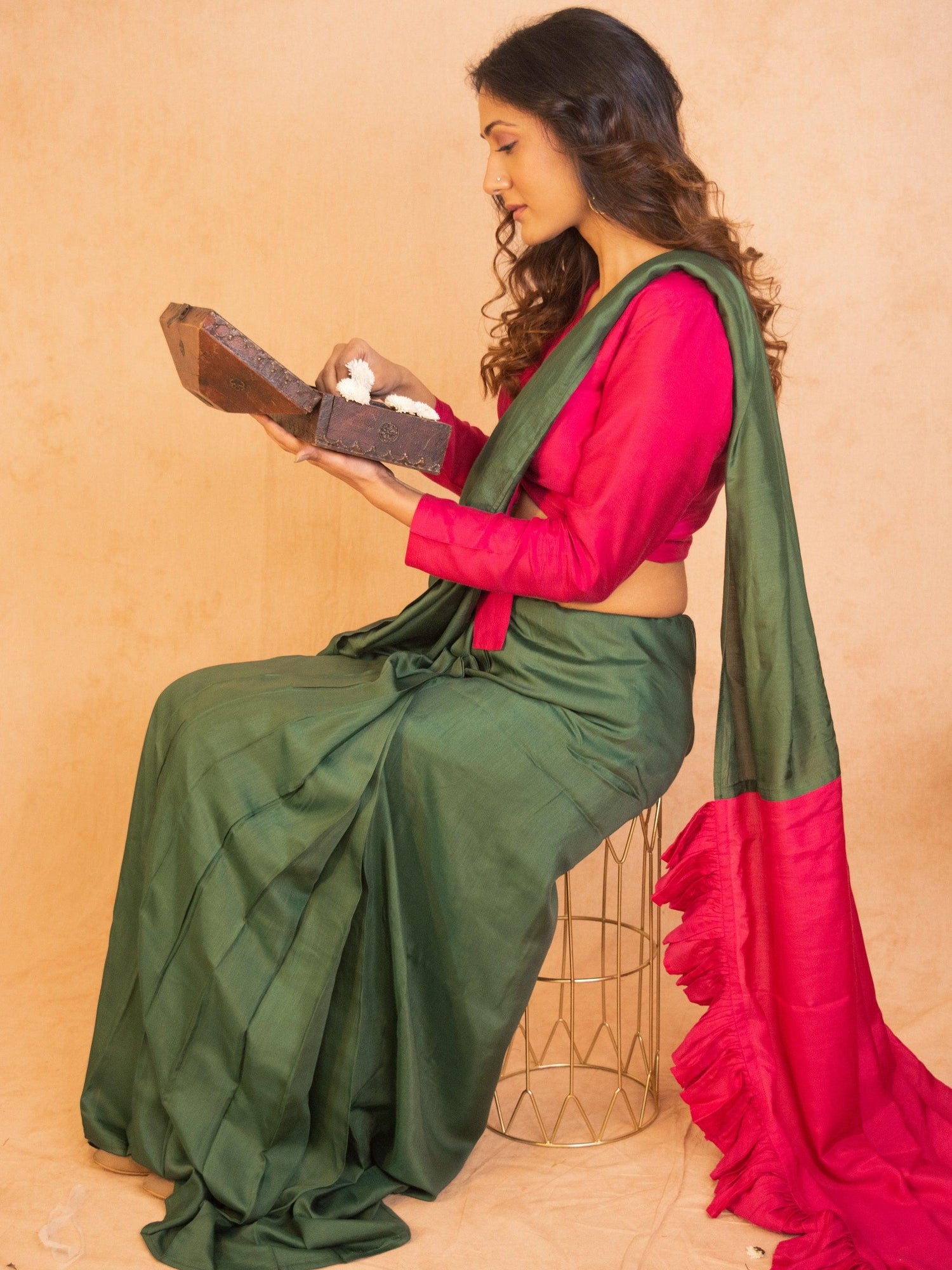 Silk Green Pink Ruffled Ready Pleated Saree - trueBrowns