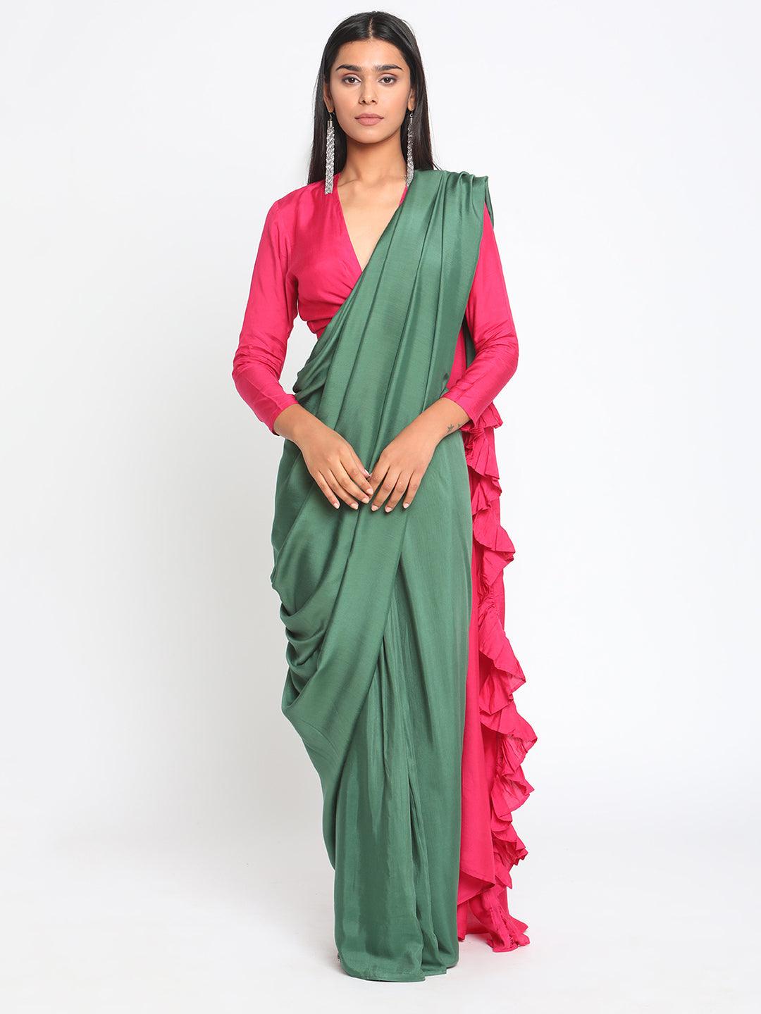 Silk Green Pink Ruffled Ready Pleated Saree - trueBrowns