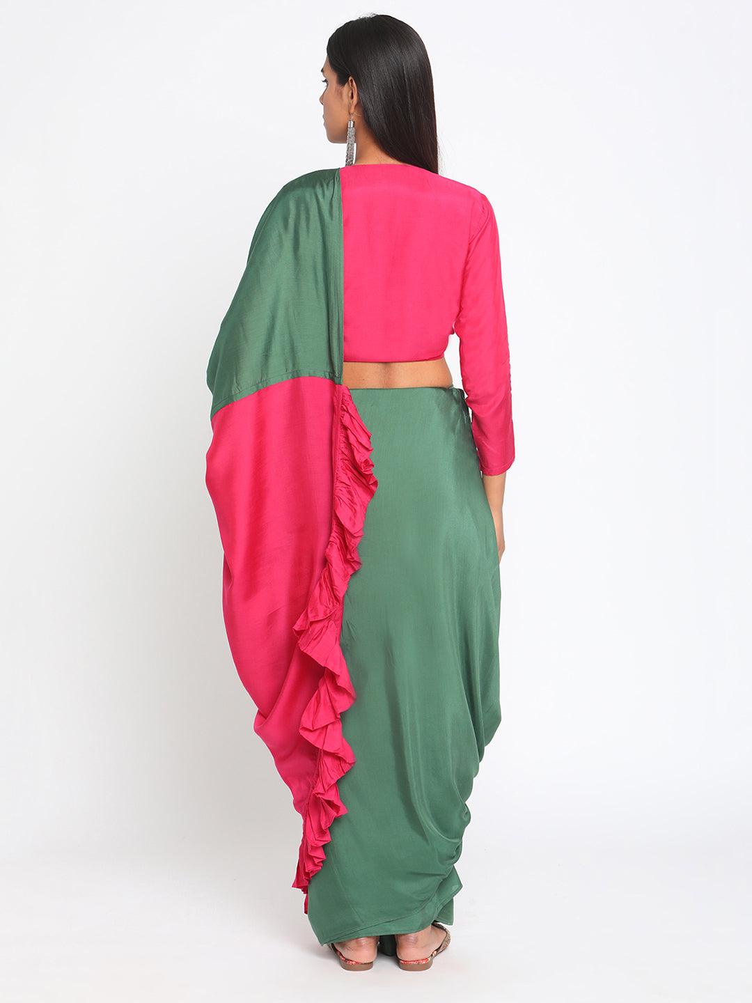 Silk Green Pink Ruffled Ready Pleated Saree - trueBrowns